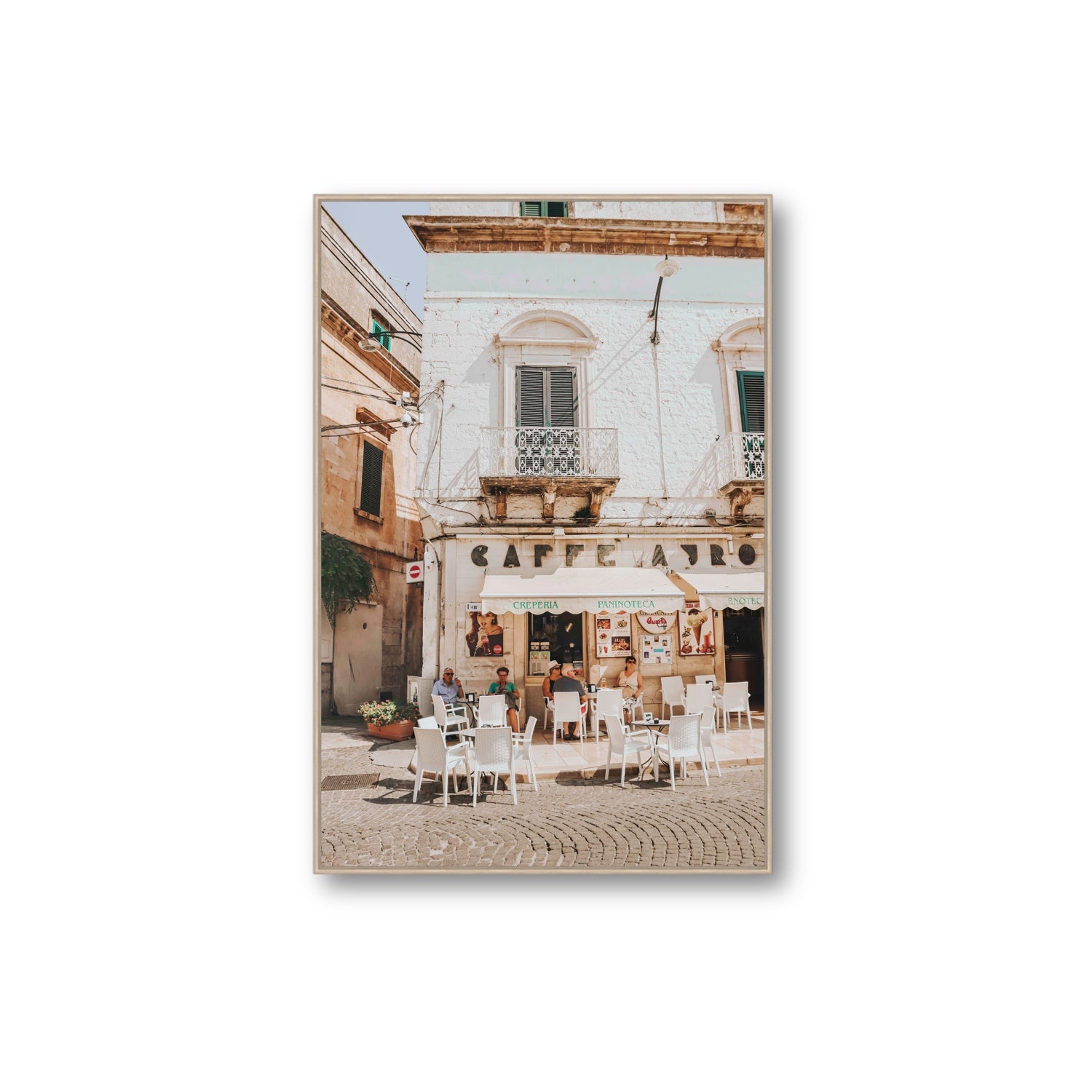 Cafe Ostuni Puglia Café Ostuni Italian wall art Extra Large fine art canvas in natural oak float frame