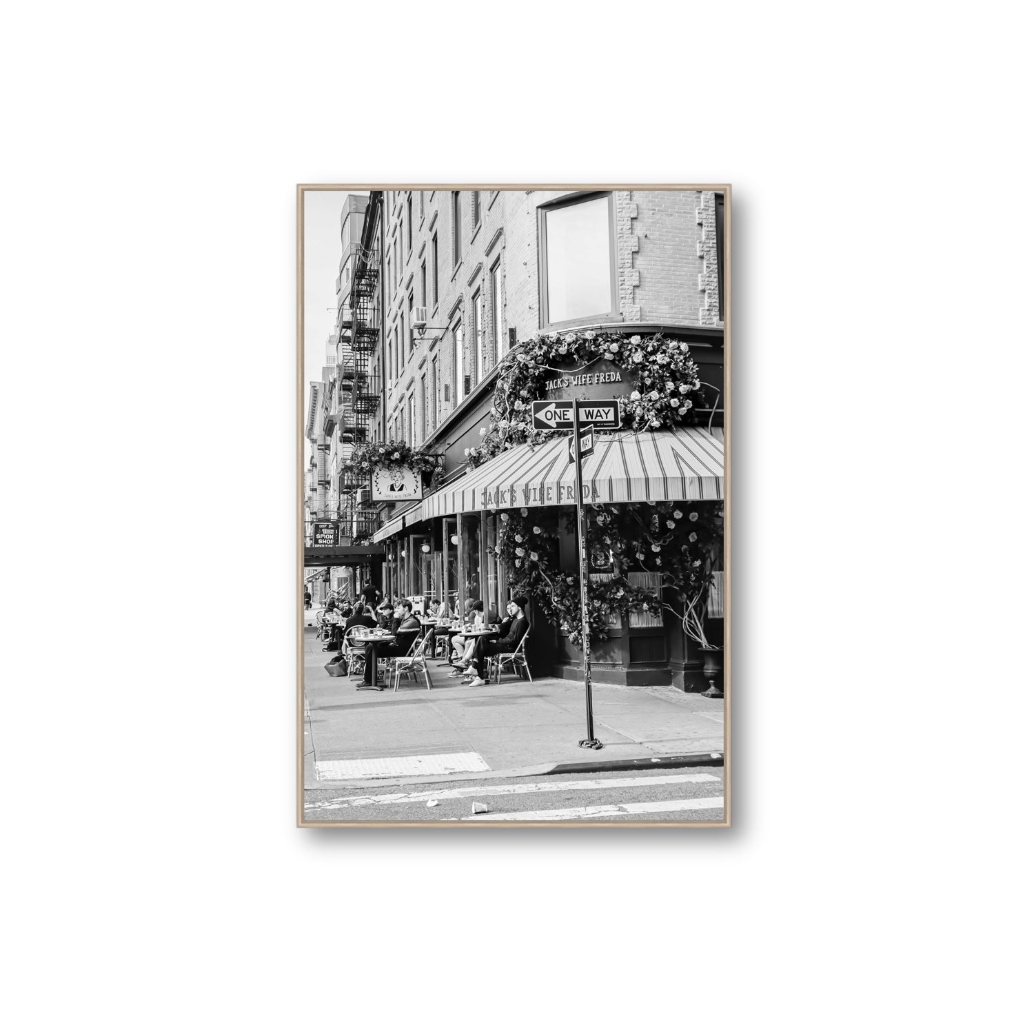 Freda's Feast New York NYC Black & White wall art Extra Large fine art canvas in natural oak float frame