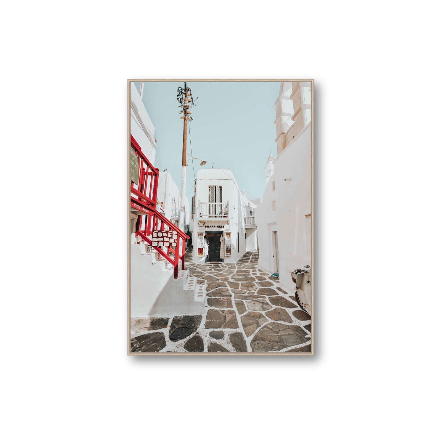 Happiness Mykonos Greek island wall art Extra Large fine art canvas in natural oak float frame