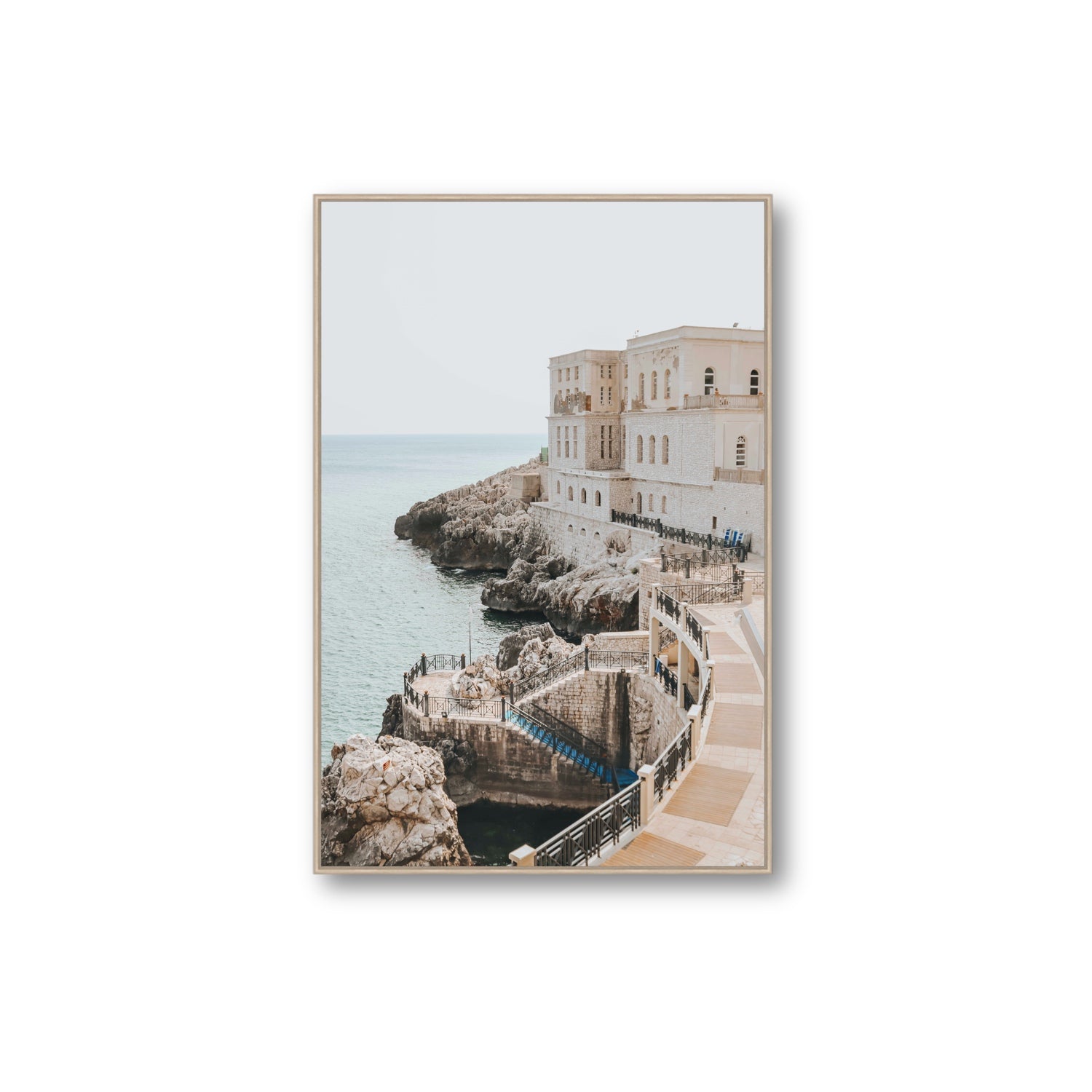 Santa Cesarea Puglia Italian coastal wall art Extra Large fine art canvas in natural oak float frame