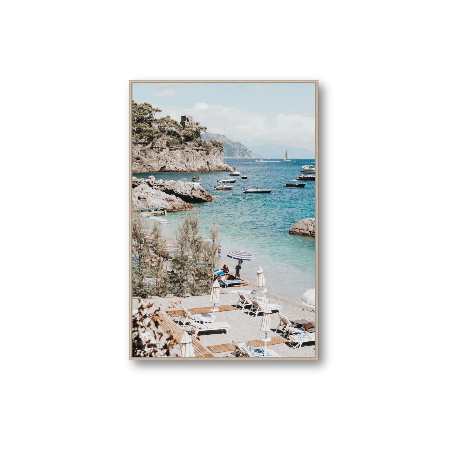 Sizzling Summer Days Amalfi coastal wall art Extra Large fine art canvas in natural oak float frame