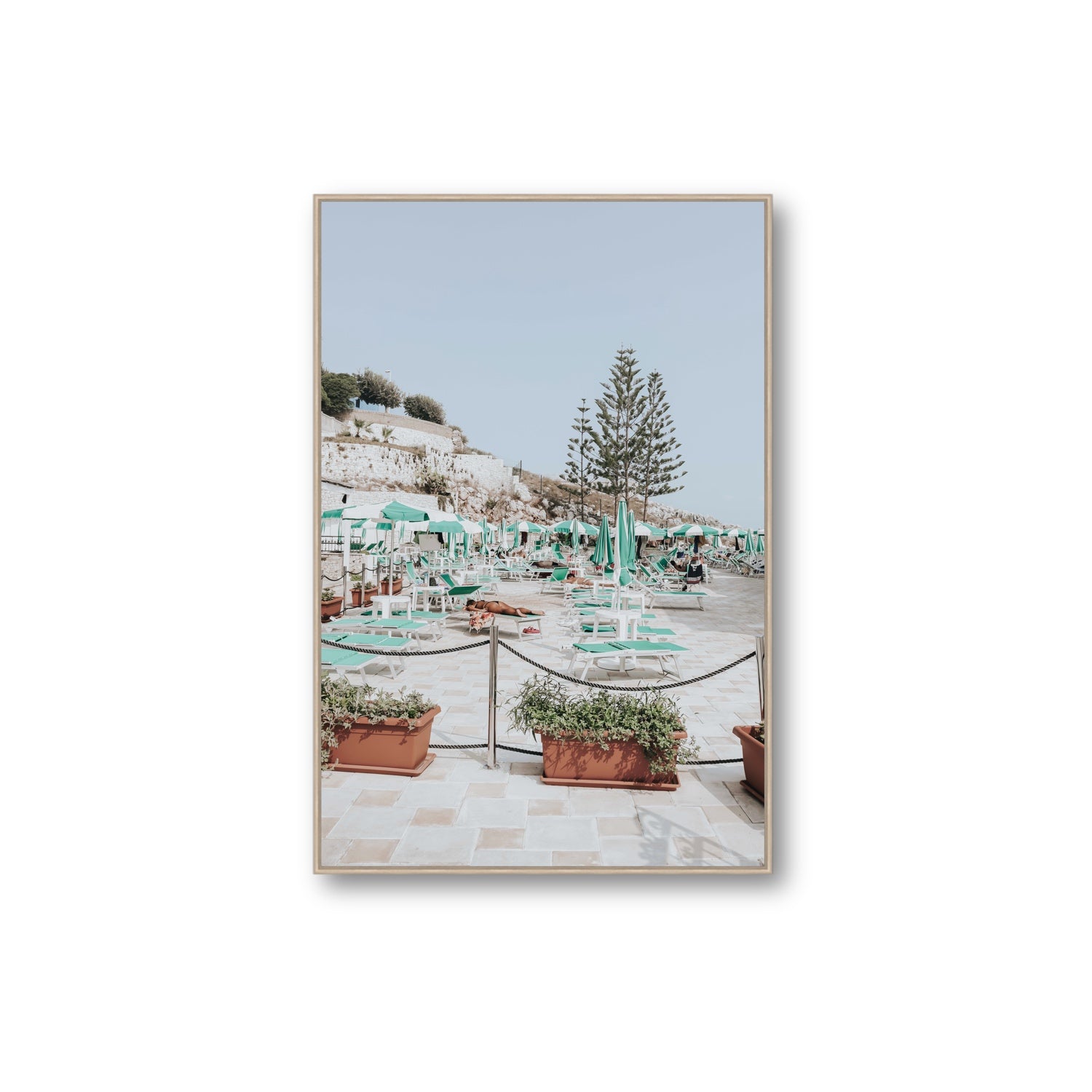 Siesta on The Terrace Puglia coastal wall art Extra Large fine art canvas in natural oak float frame