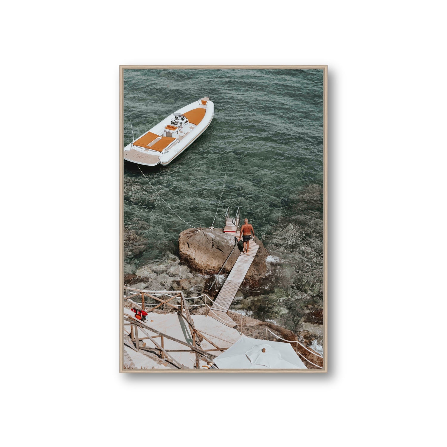 Secret Cove Tuscany coastal Italian wall art Giant fine art canvas in natural oak float frame