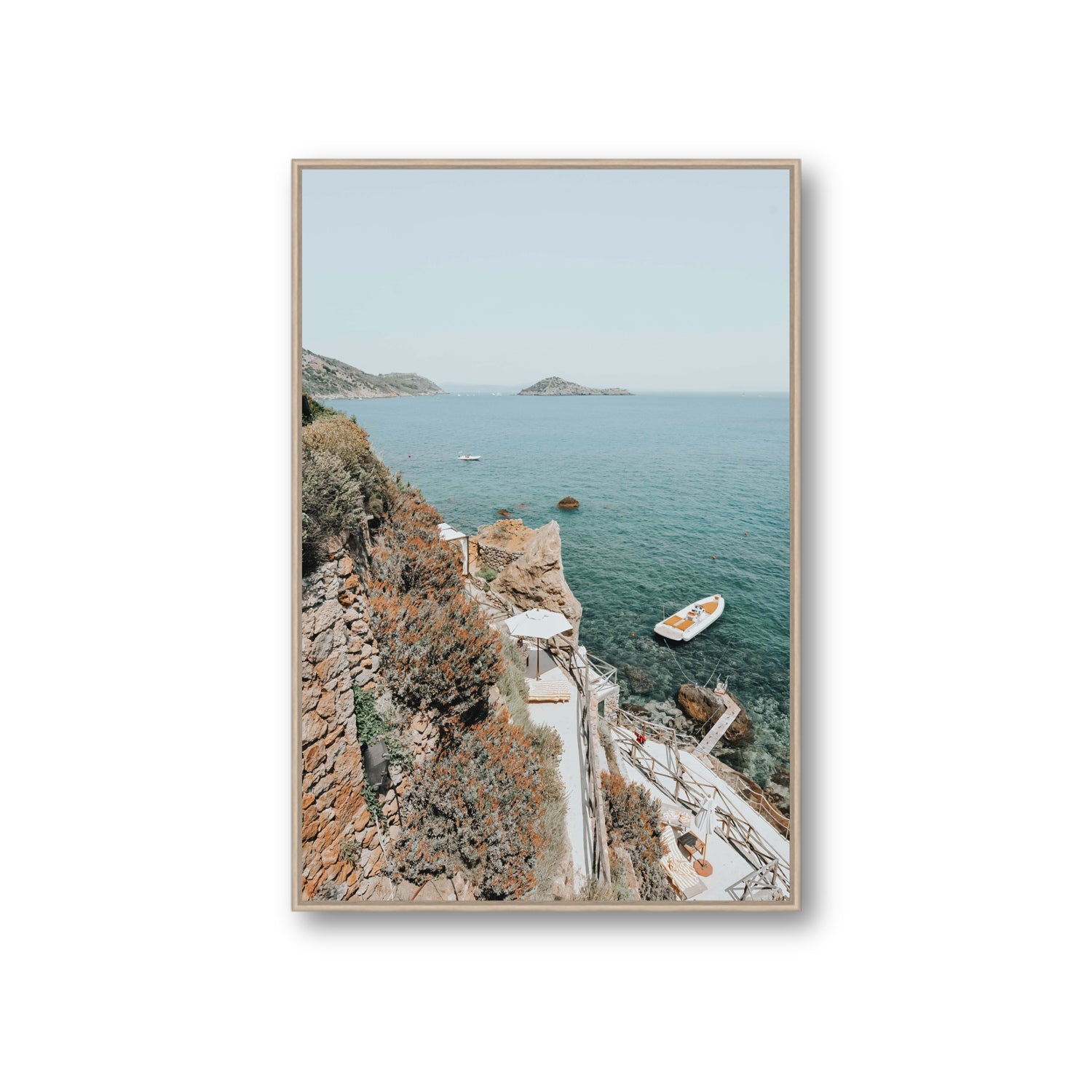 Front Row Seat Tuscany coastal wall art Giant fine art canvas in natural oak float frame
