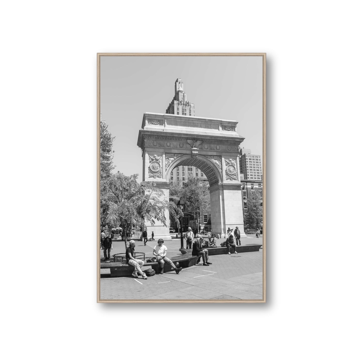 City Picnic New York NYC Black & White wall art Giant fine art canvas in natural oak float frame