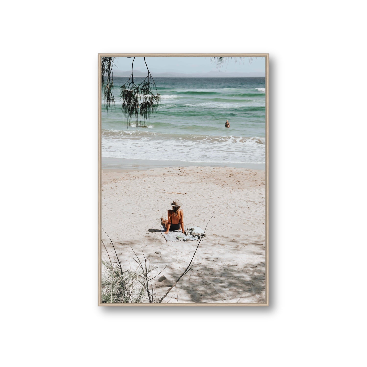 Take It Easy Byron Bay beach coastal decor wall art Giant fine art canvas in natural oak float frame