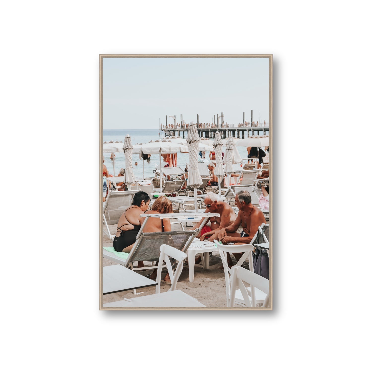 Salted Shuffle fine art print, Alassio, Italy, people and locals artwork, Giant, Natural Oak Float Frame, Fine Art Canvas