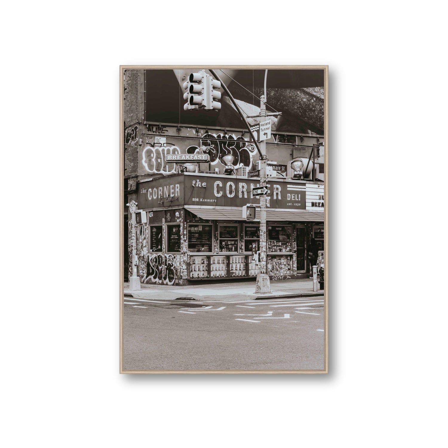 Soho Deli New York NYC Black & White wall art Giant fine art canvas in natural oak float frame