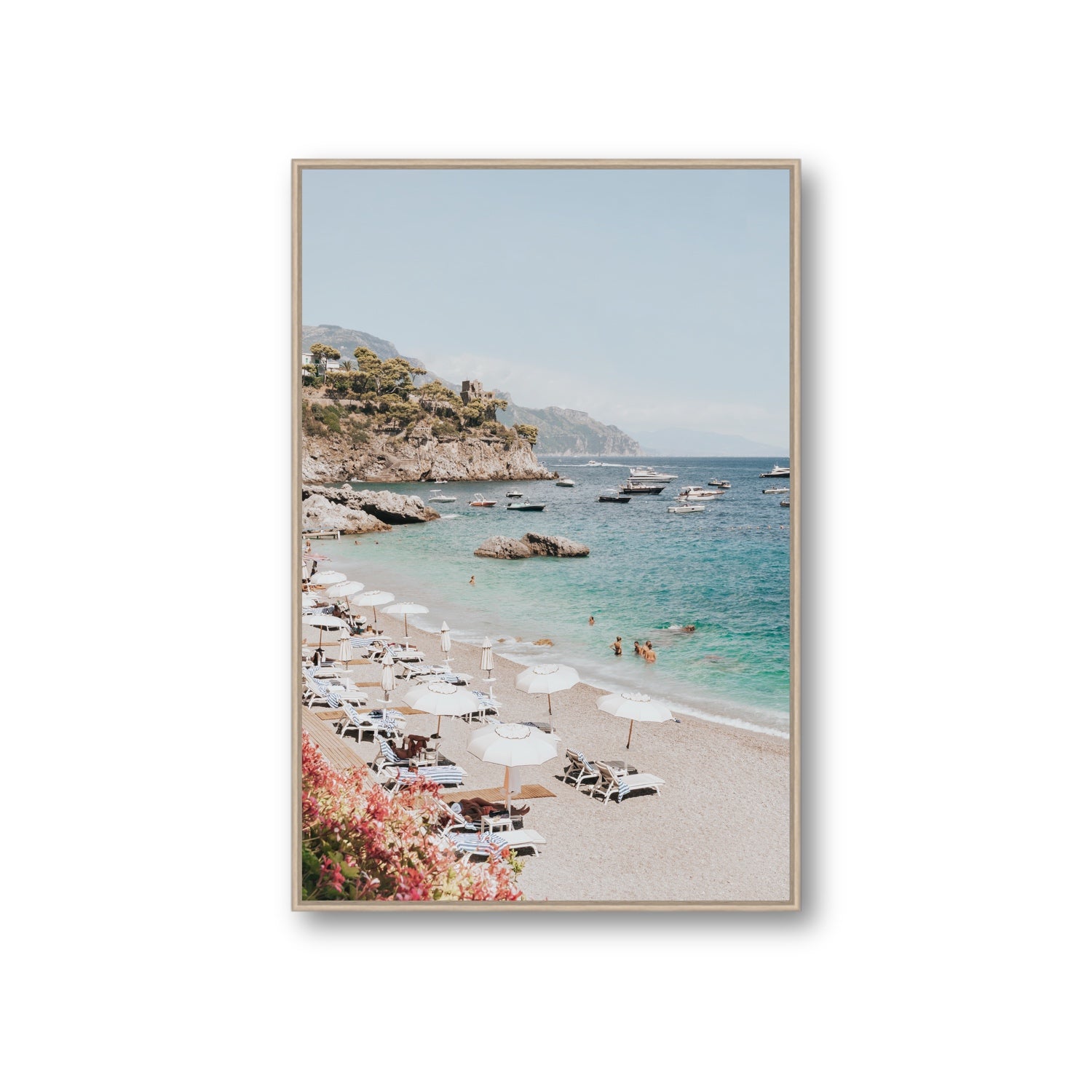 Seaview Refuge Amalfi coastal wall art giant fine art canvas in natural oak float frame