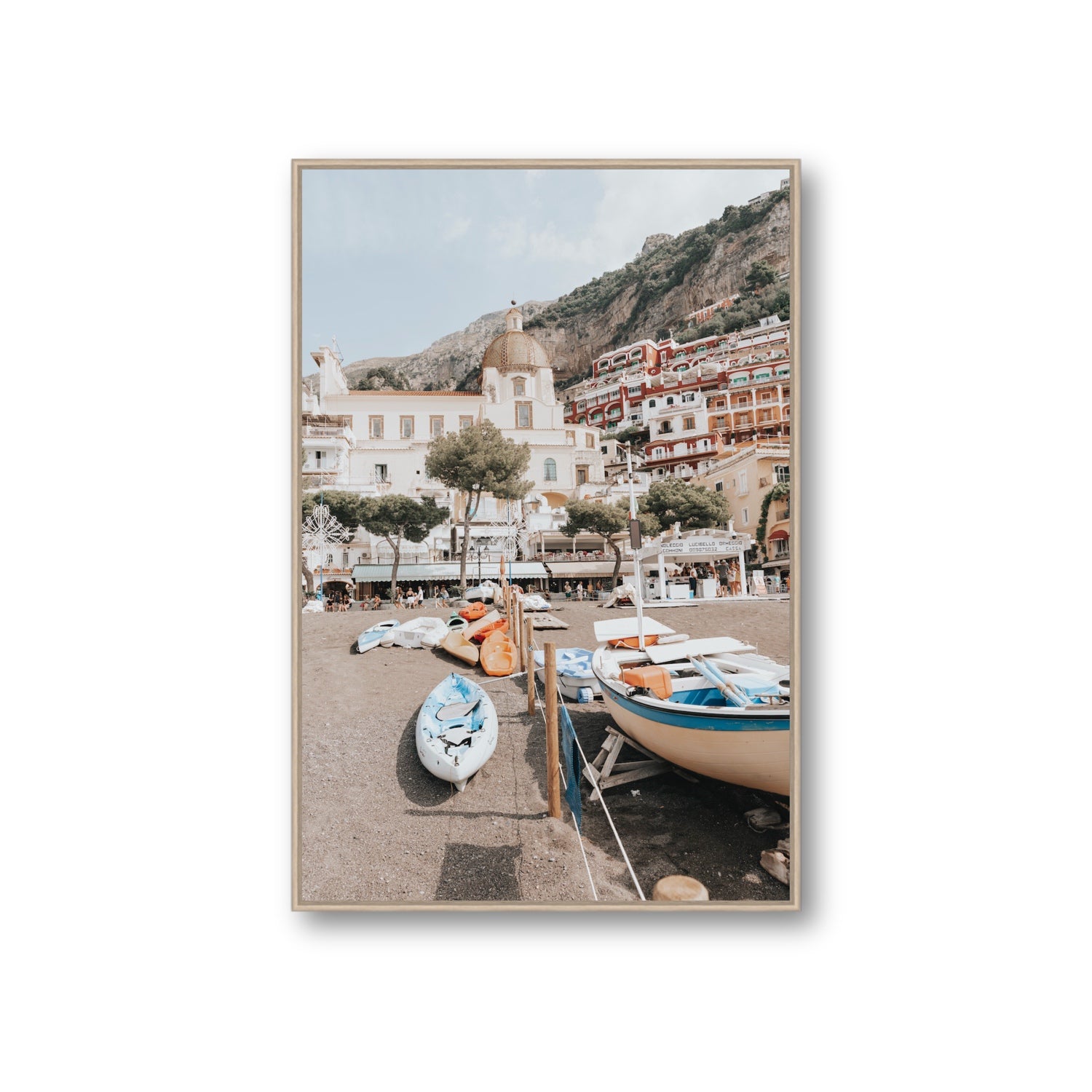 Seaside Hues Positano wall art Giant fine art canvas in natural oak float frame