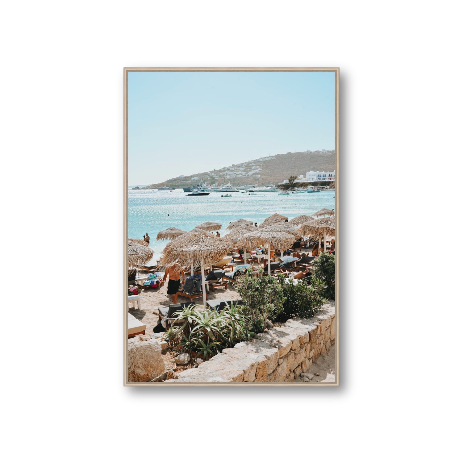 Beachside Huts Mykonos Greek island wall art Giant fine art canvas in natural oak float frame