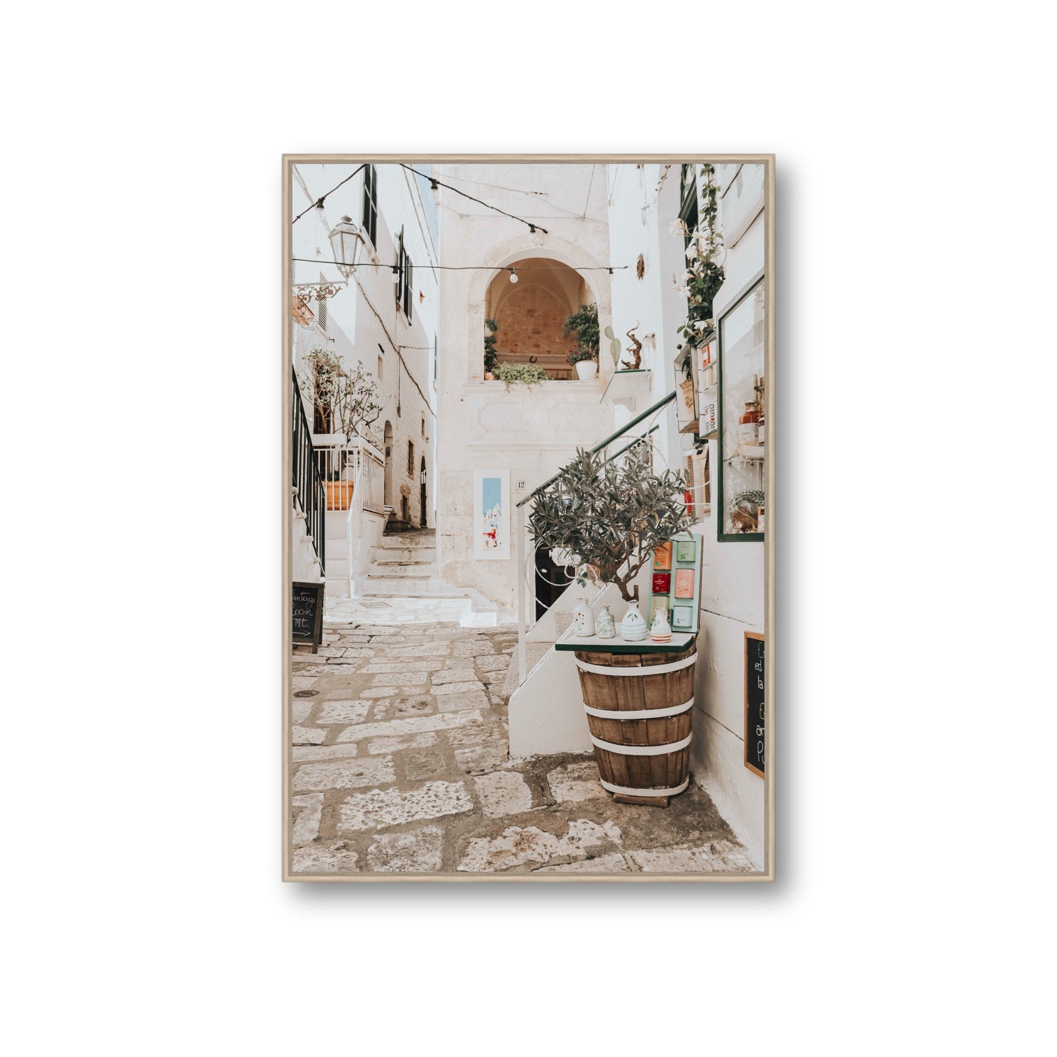 Olive Tree Lane Puglia Ostuni Mediterranean decor wall art Giant fine art canvas in natural oak float frame