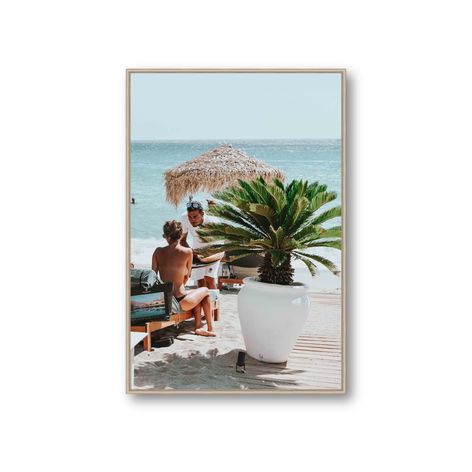 At Your Service Mykonos Greek island wall art Giant fine art canvas in natural oak float frame
