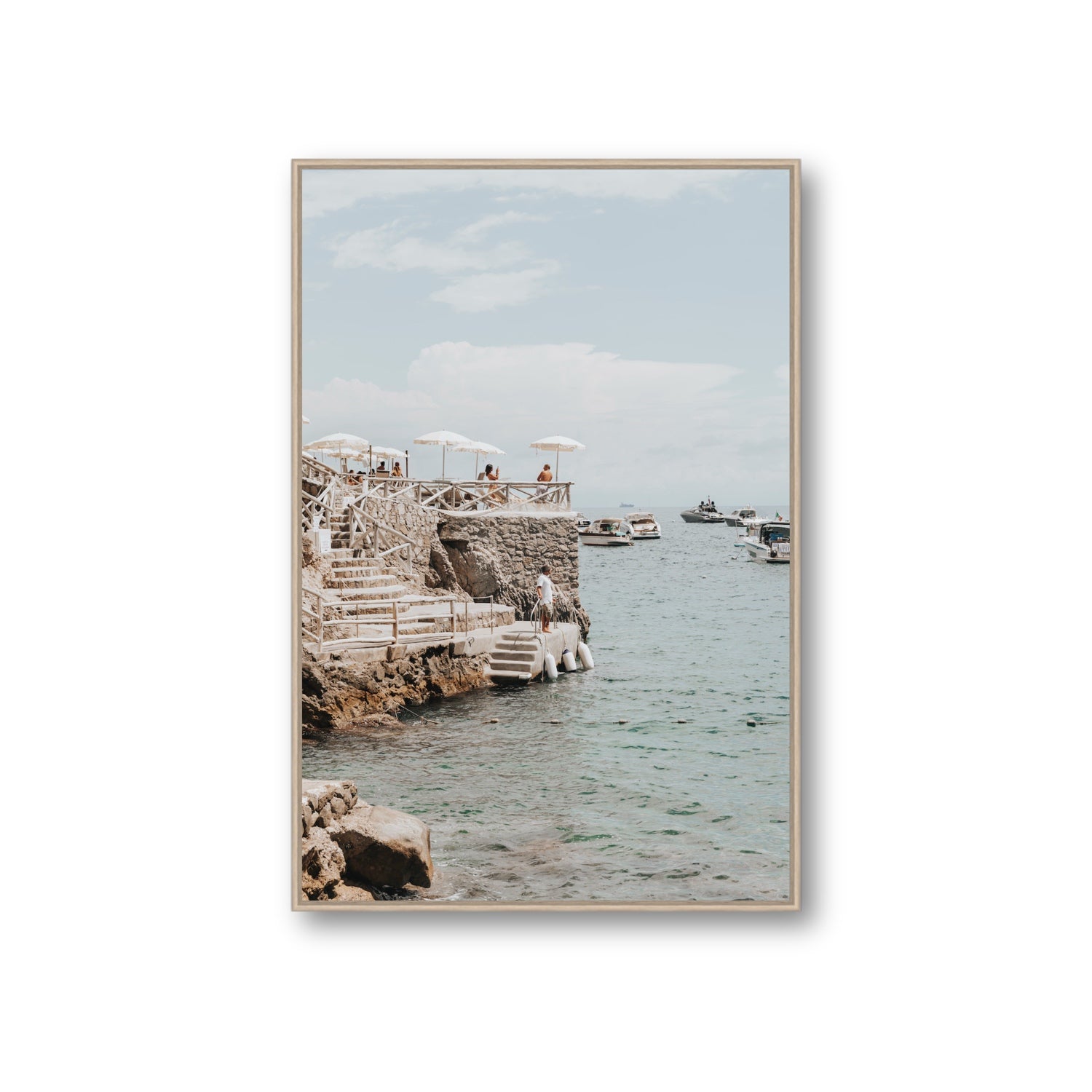 Pier Patrol fine art print, Nerano, Italy, Giant, Natural Oak Float Frame, Fine Art Canvas