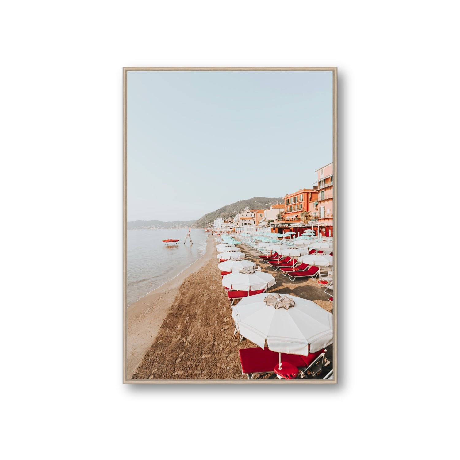 Italian Riviera fine art print, Alassio, Italy, coastal scenes artwork, Giant, Natural Oak Float Frame, Fine Art Canvas