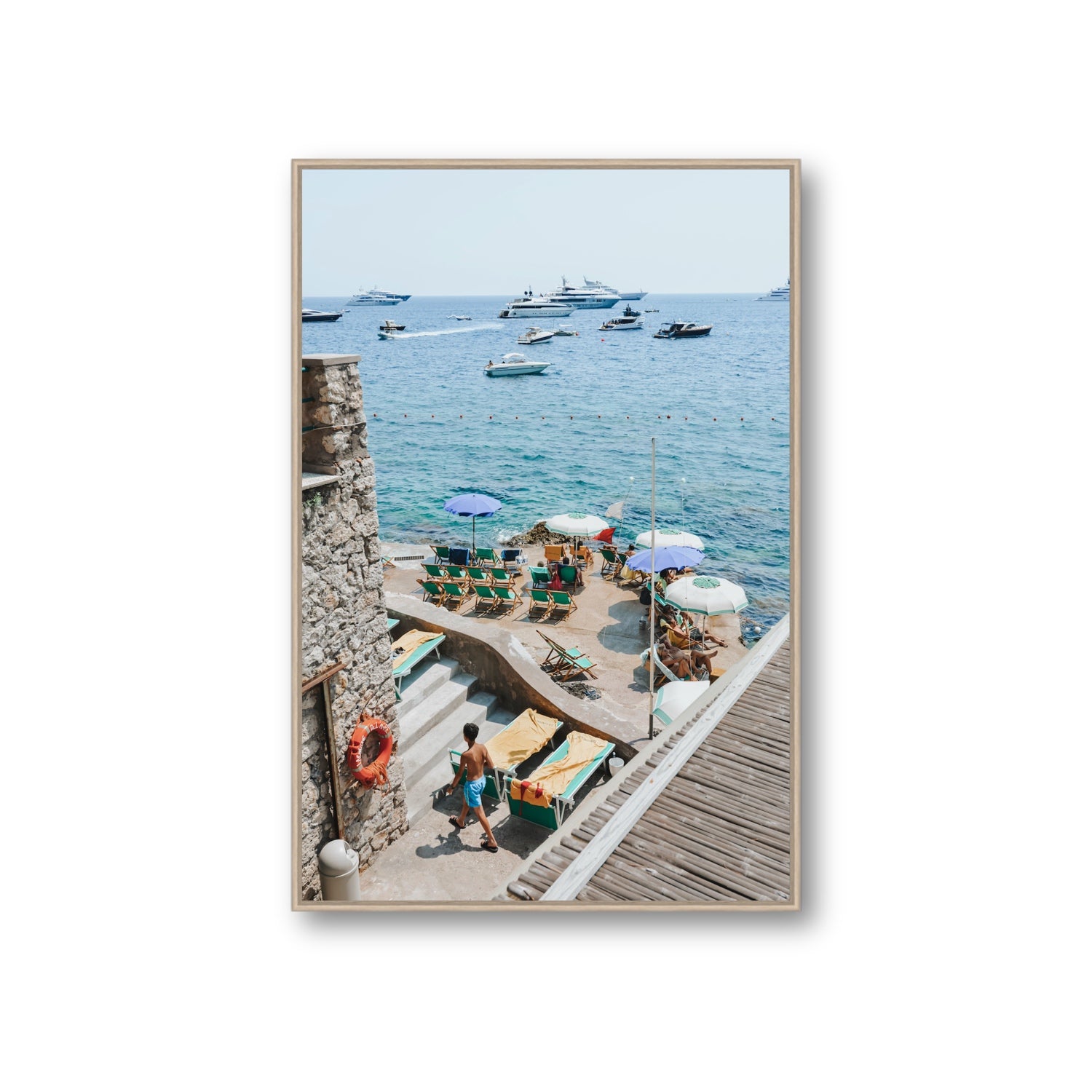 Canzone di Capri Capri Italian beach wall art Giant fine art canvas in natural oak float frame