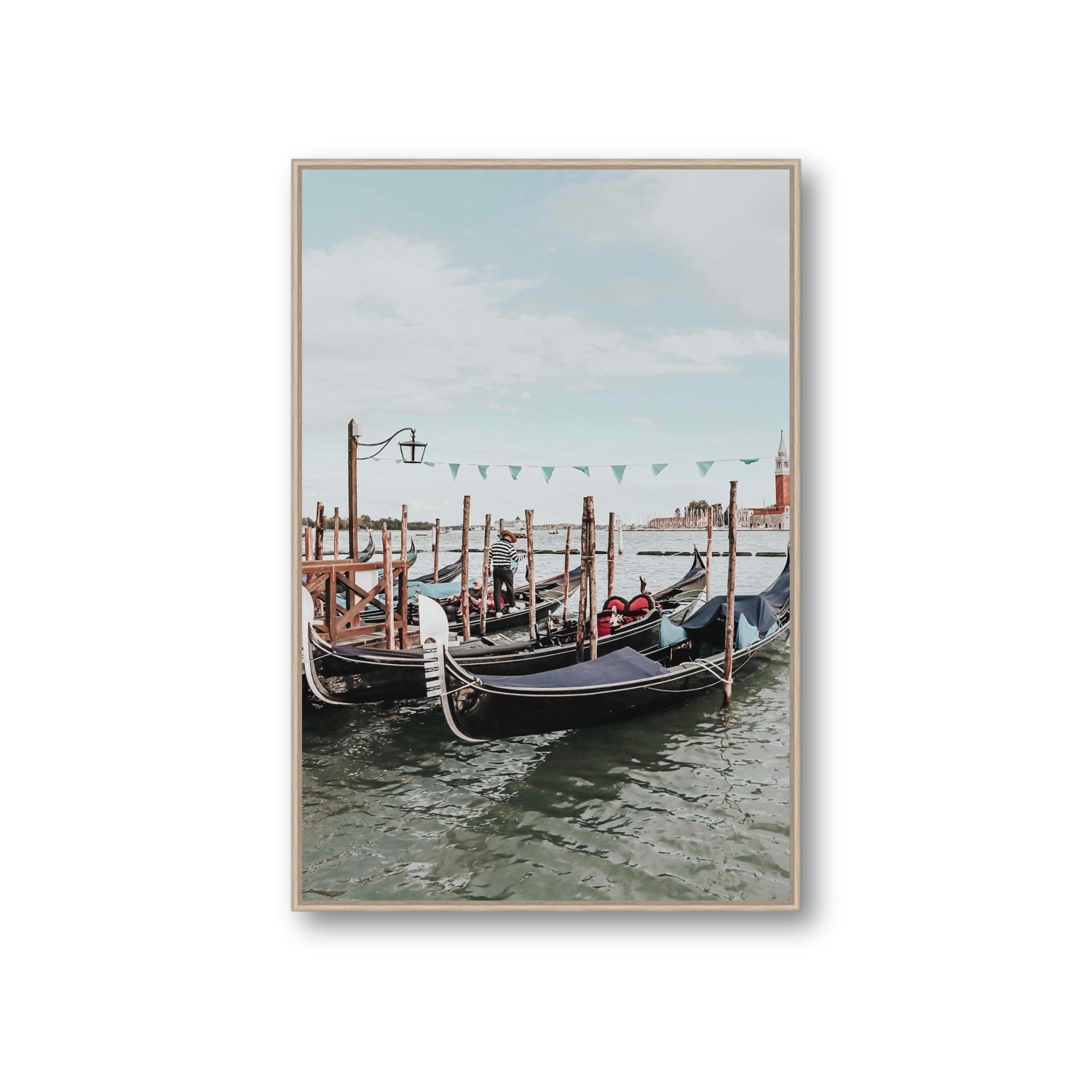 The Gondolier Venice Gondola Italian wall art Giant fine art canvas in natural oak float frame