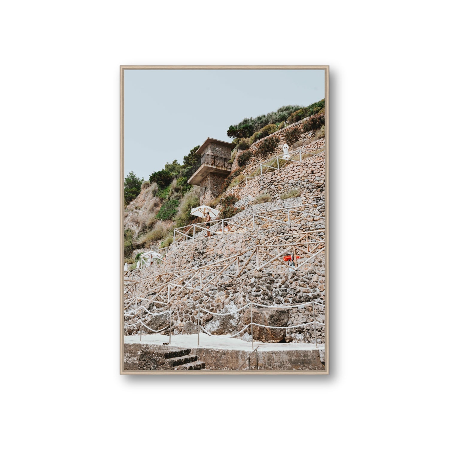 Solitude by the Sea Tuscany coastal Italian wall art Giant fine art canvas in natural oak float frame