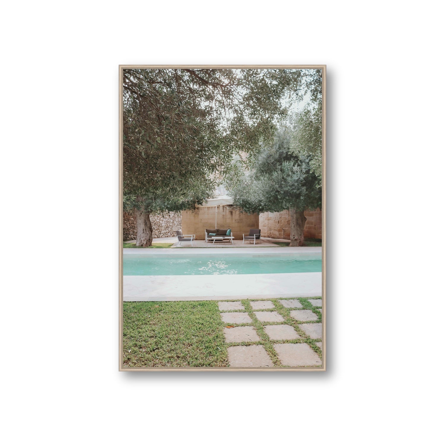 Idyllic Escape Puglia Mediterranean wall art Giant fine art canvas in natural oak float frame