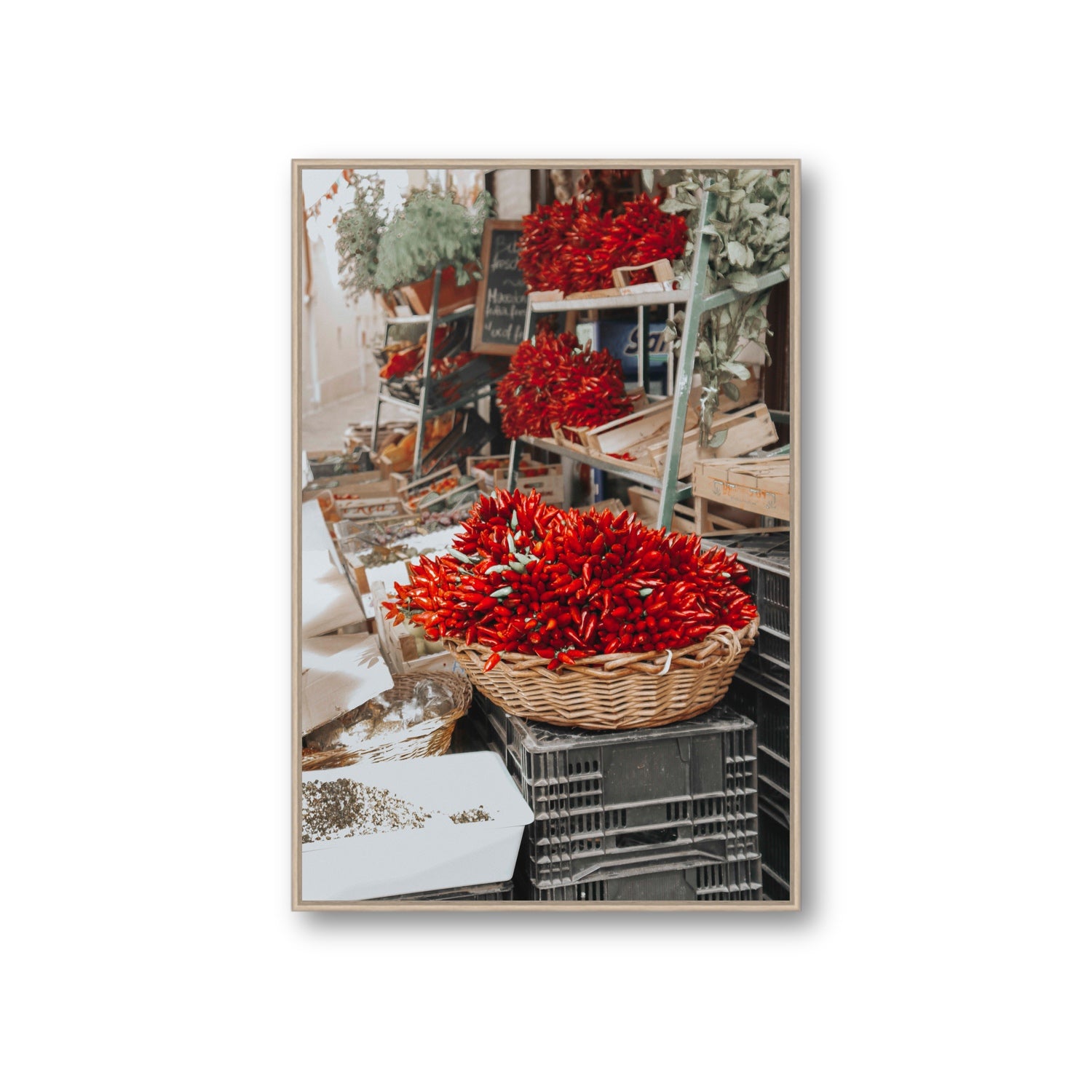 Fiery Cluster Puglia Italian wall art Giant fine art canvas in natural oak float frame
