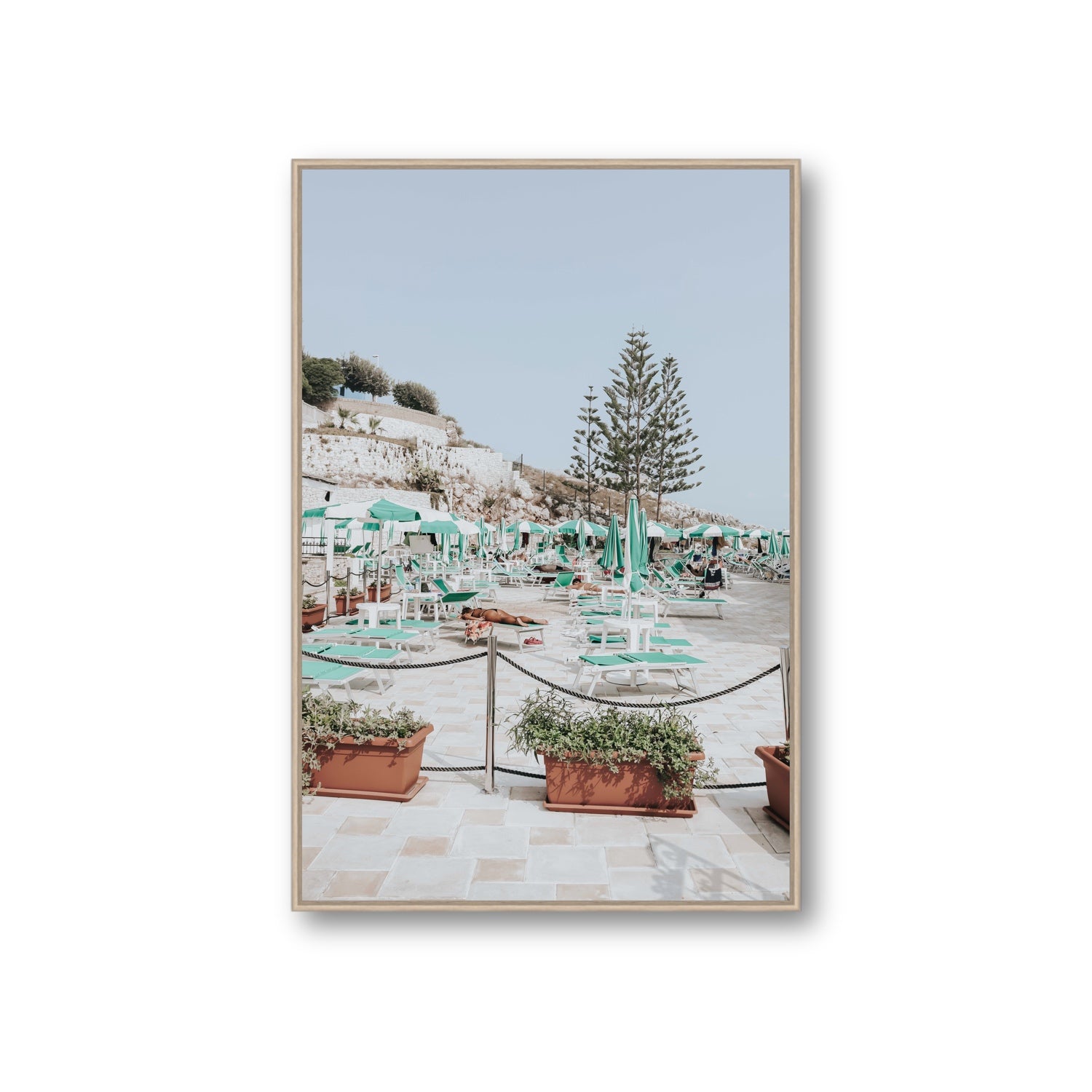 Siesta on The Terrace Puglia coastal wall art Giant fine art canvas in natural oak float frame