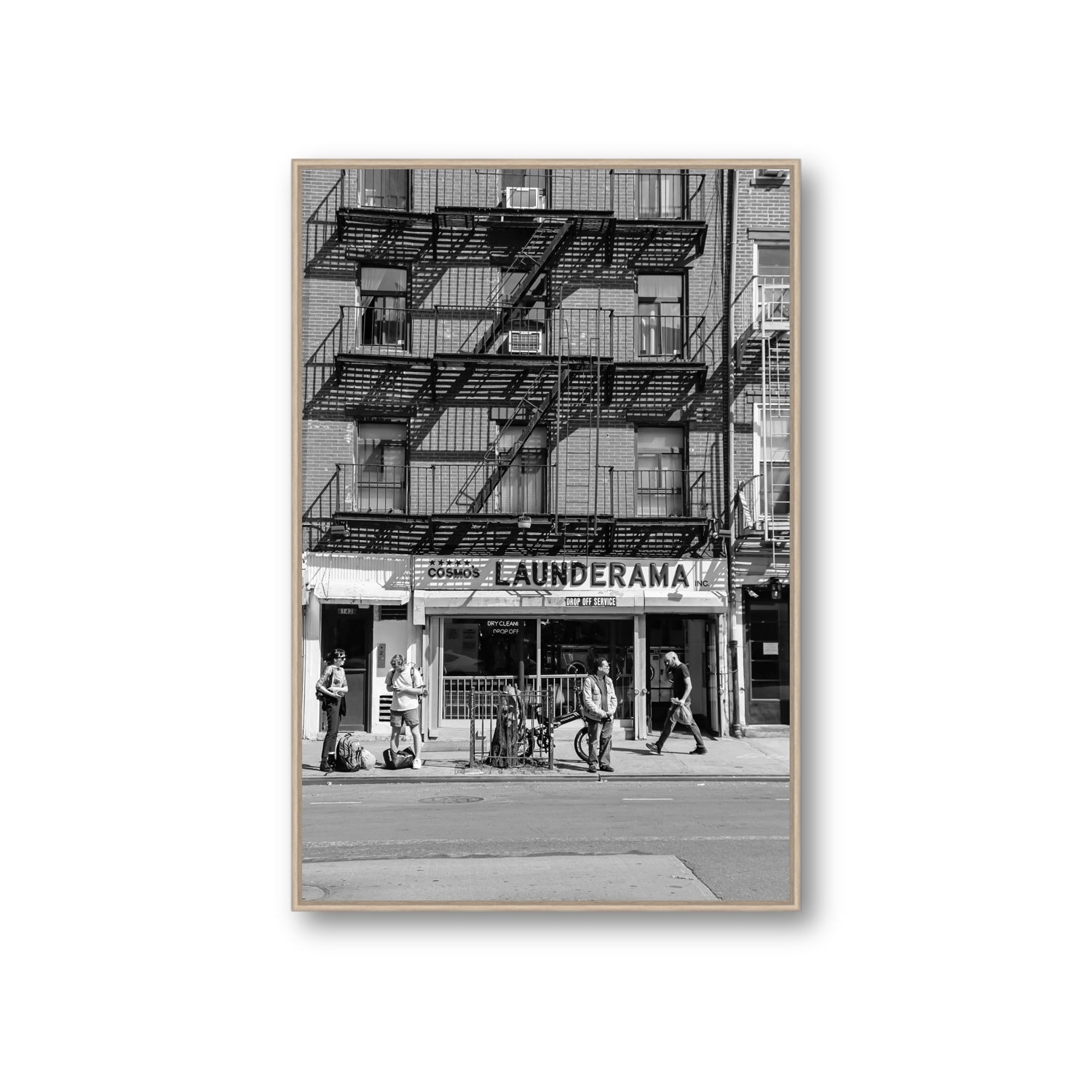 Bus Stop New York NYC Black & White wall art Giant fine art canvas in natural oak float frame