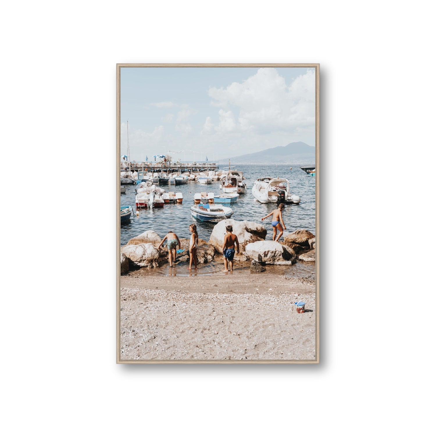 Searching For Treasures Sorrento coastal wall art Giant fine art canvas in natural oak float frame