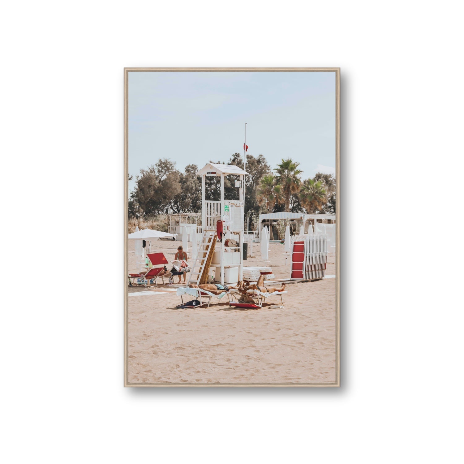 Red Lounge Reverie Puglia beach coastal wall art Giant fine art canvas in natural oak float frame