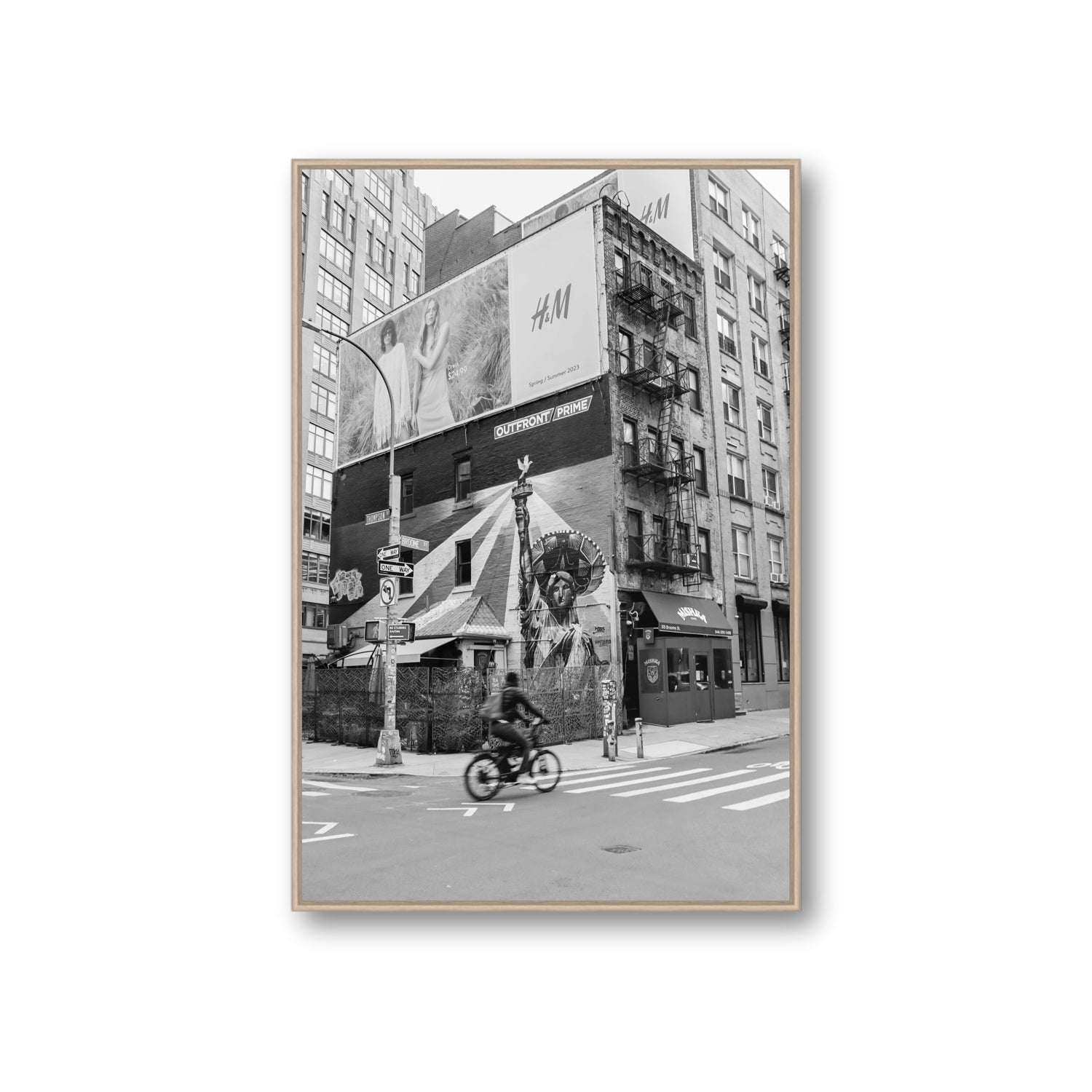 Shadows Of Liberty New York NYC Black & White wall art Giant fine art canvas in natural oak float frame