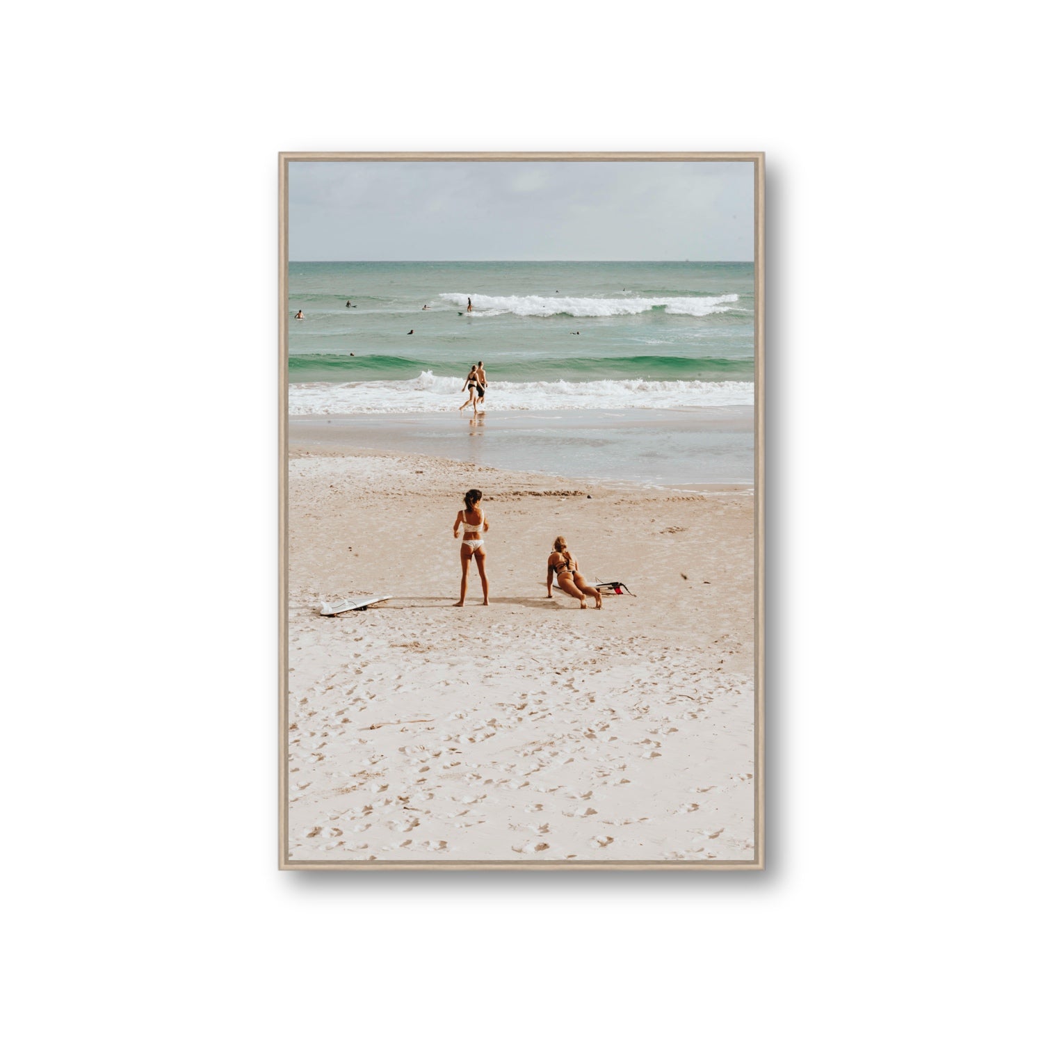 Gidget & Betty Byron Bay beach coastal wall art Giant fine art canvas in natural oak float frame