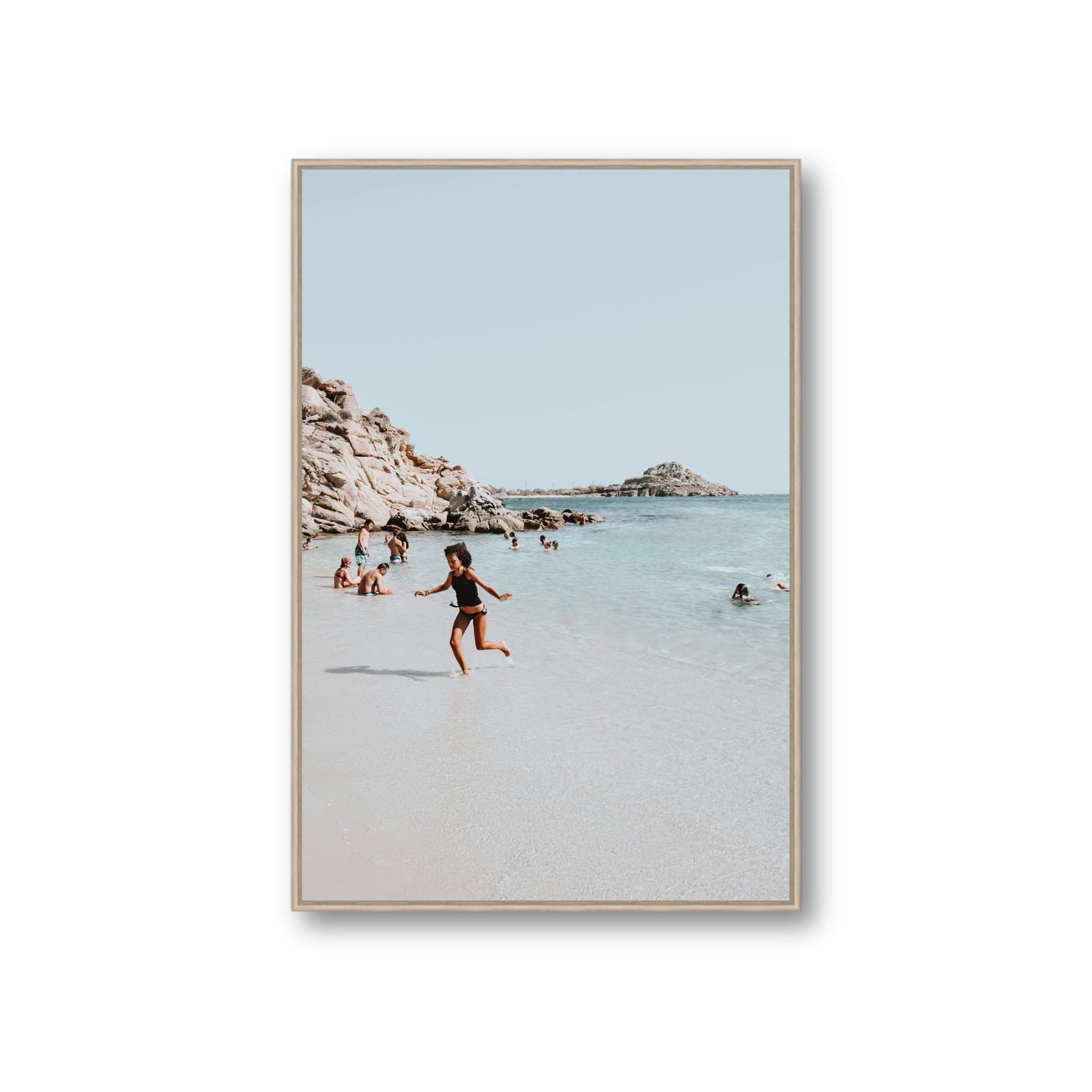 Skipping Angel Mykonos Greek island decor wall art Giant fine art canvas in natural oak float frame