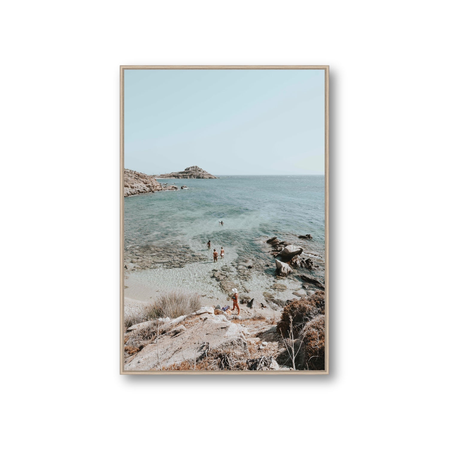 Explorers Mykonos Greek island wall art Giant fine art canvas in natural oak float frame