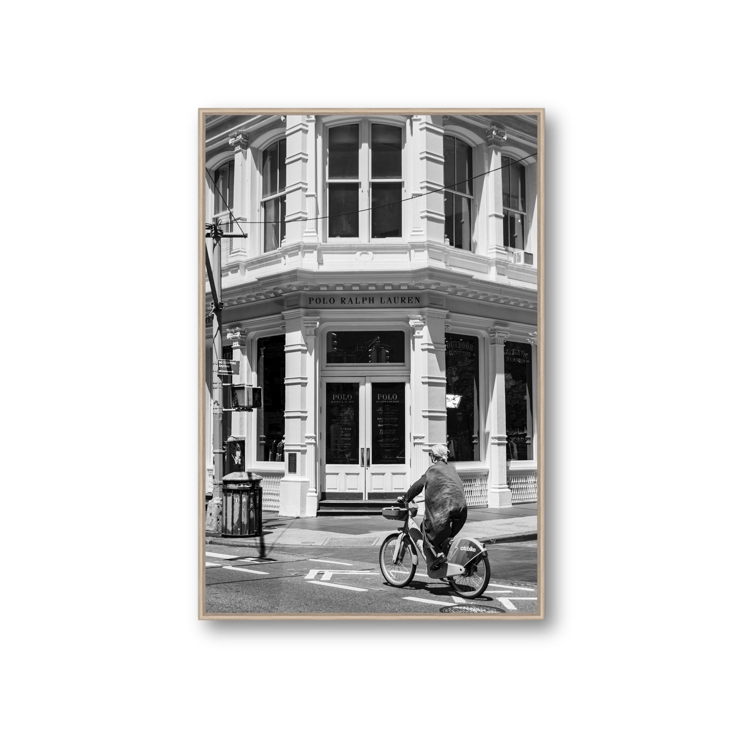 Downtown Rider New York NYC Black & White wall art Giant fine art canvas in natural oak float frame