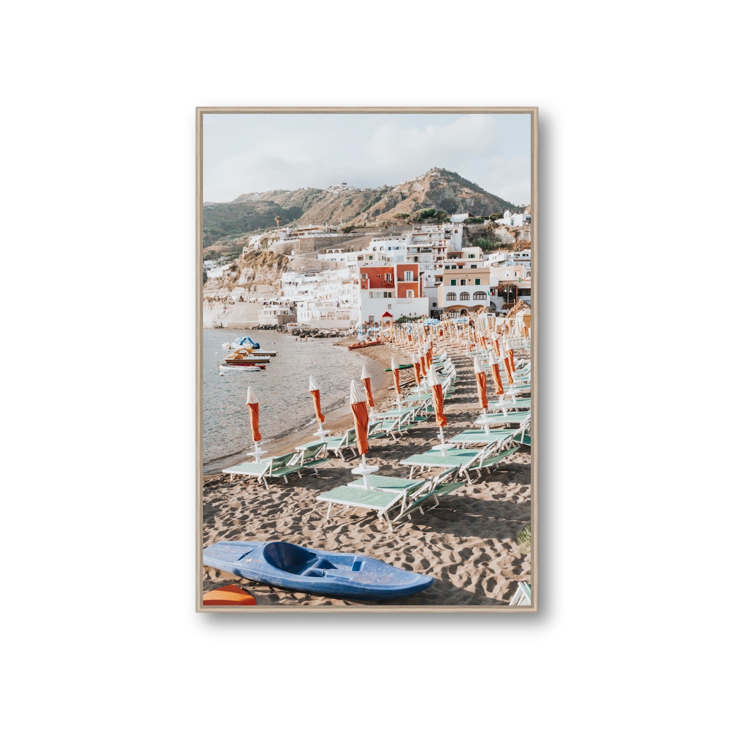 L'Isola del Paradiso Ischia Mediterranean wall art Giant fine art canvas in natural oak float frame