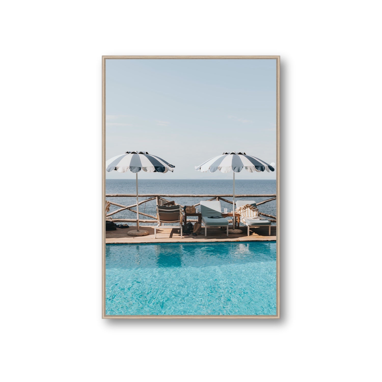 Beach Retreat fine art print, Ischia, Italy, european beach clubs artwork, Giant, Natural Oak Float Frame, Fine Art Canvas