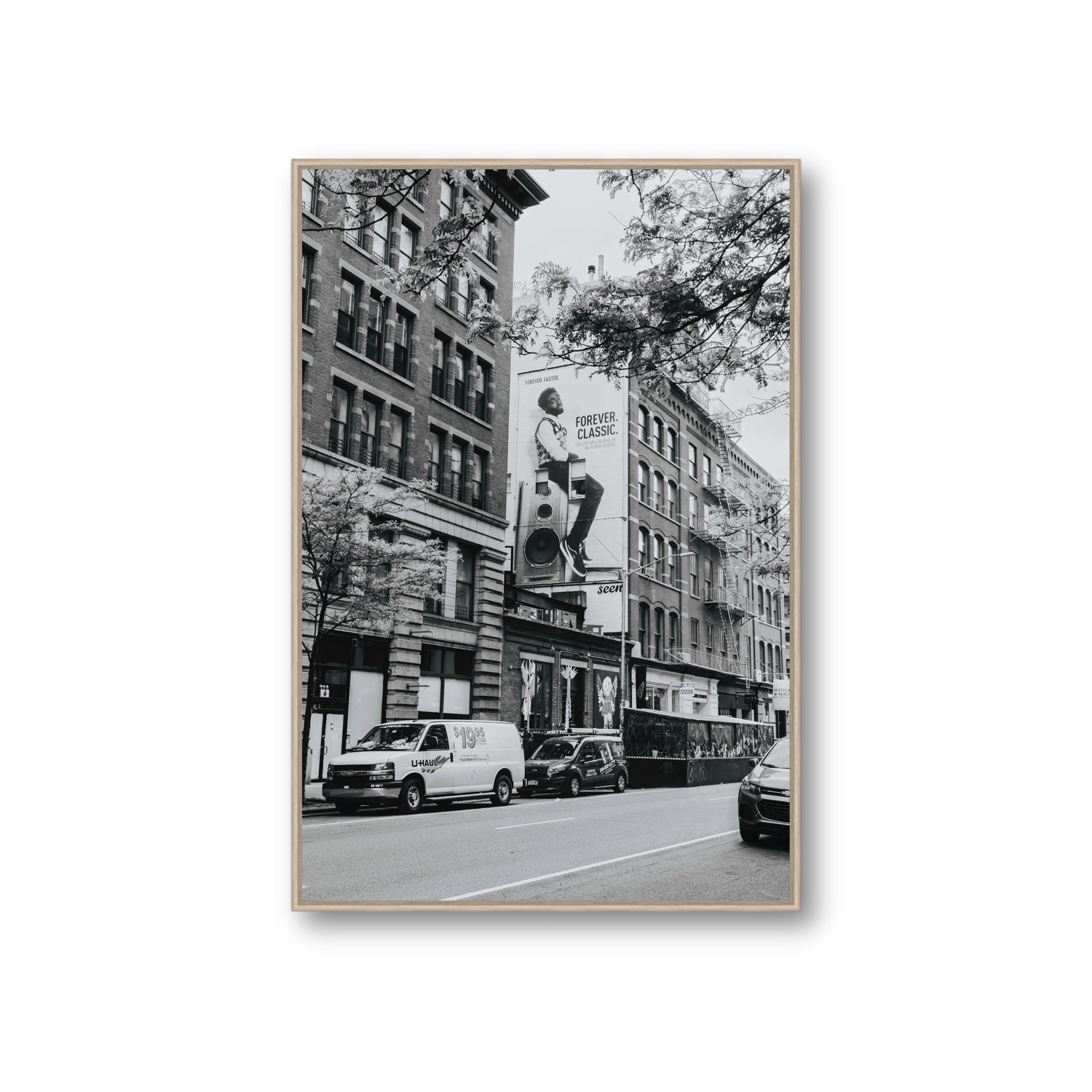 Forever Classic New York NYC Black & White wall art Giant fine art canvas in natural oak float frame