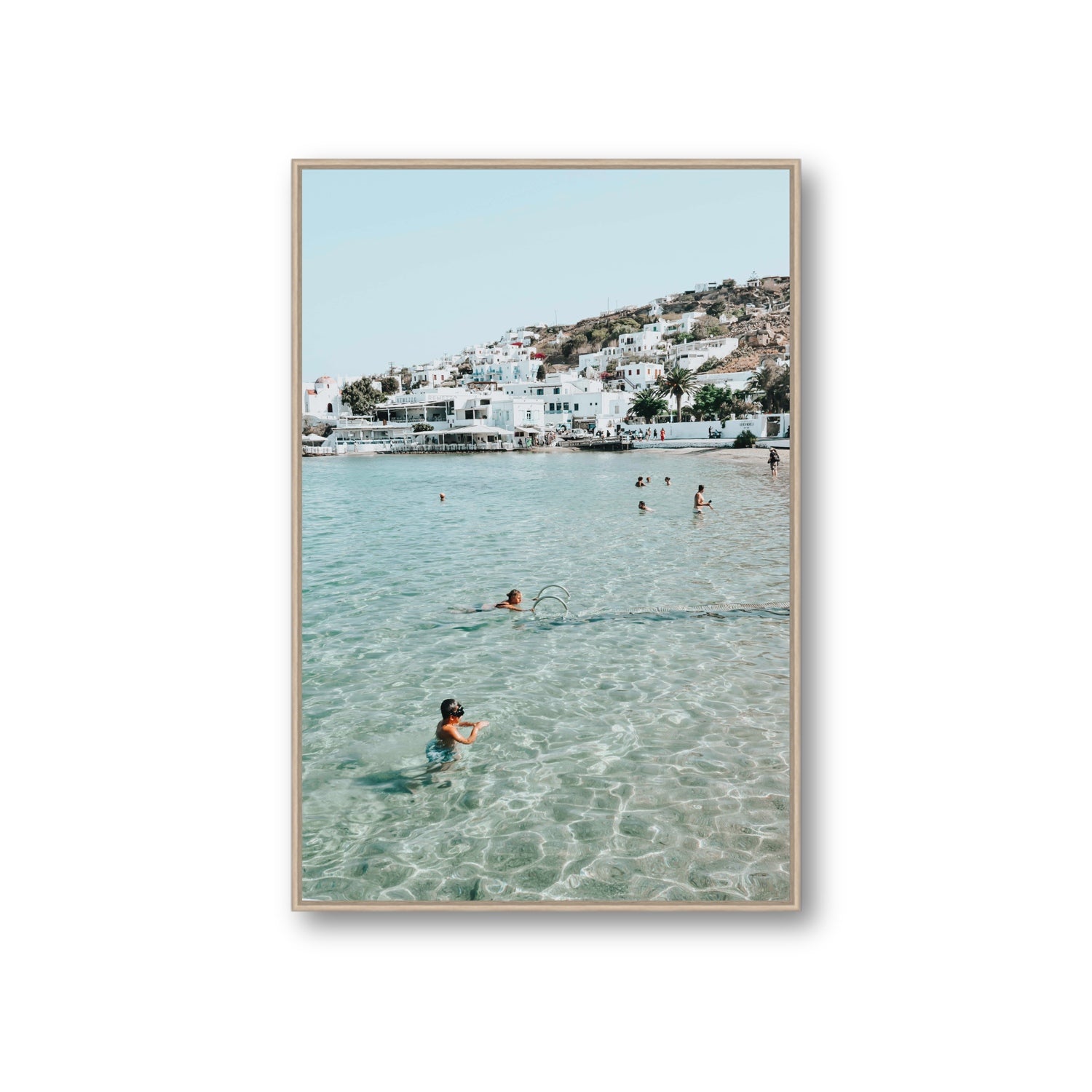 Beside The Seaside Mykonos beach Greek island wall art Giant fine art canvas in natural oak float frame