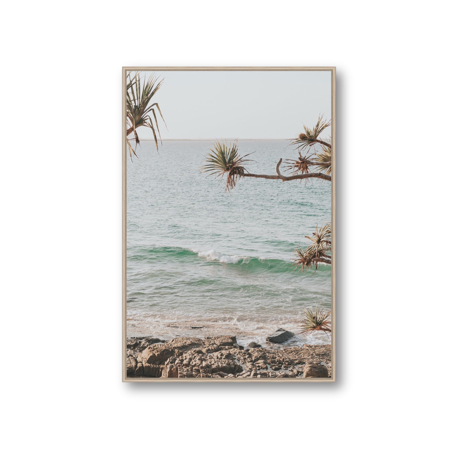 Good Vibrations fine art print, Noosa, Australia, coastal scenes artwork, Giant, Natural Oak Float Frame, Fine Art Canvas
