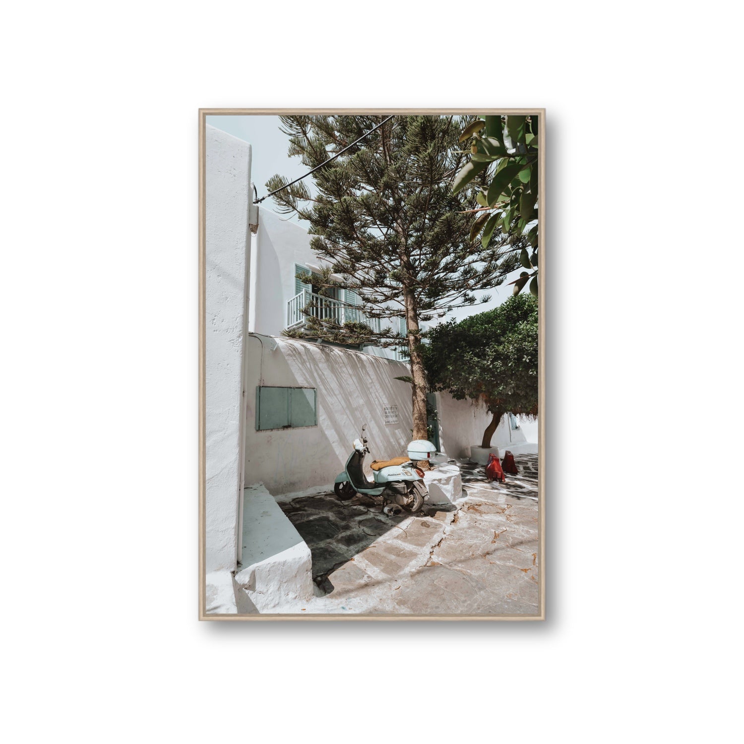 The Getaway Mykonos Mediterranean Greek island art print Giant fine art canvas in natural oak float frame
