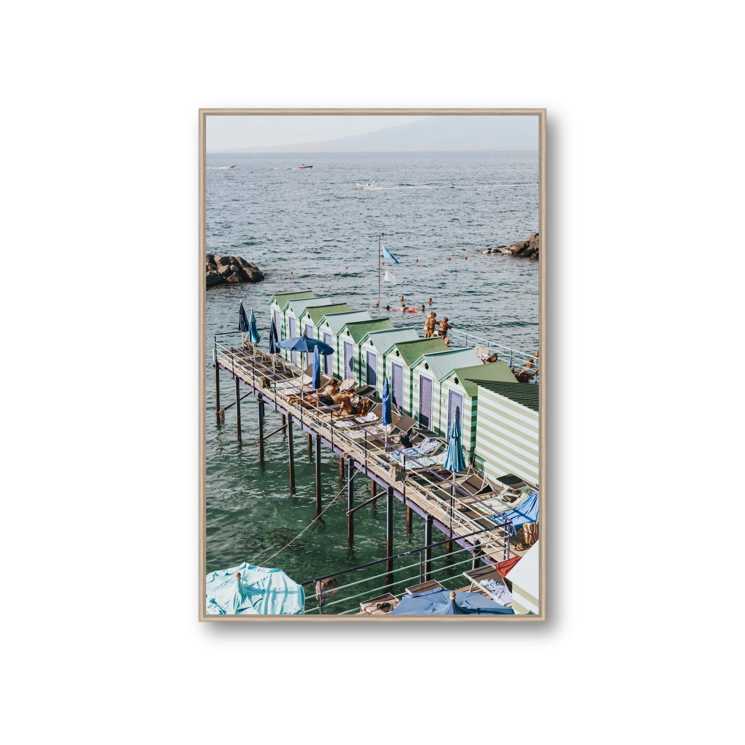Cabine da Spiaggia fine art print, Sorrento, Italy, Giant, Natural Oak Float Frame, Fine Art Canvas