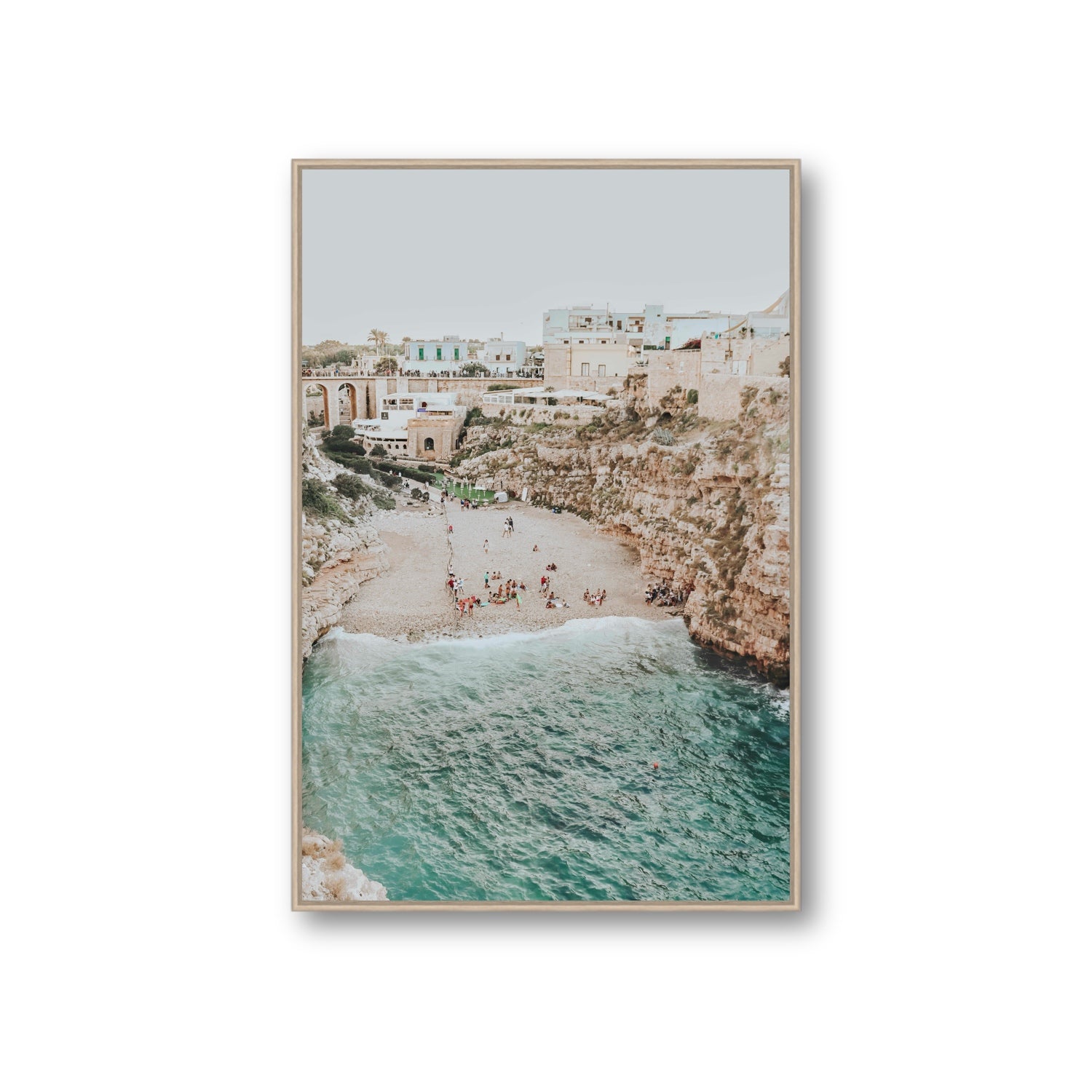 Polignano Vista Puglia coastal Italian beach fine art print Giant fine art canvas in natural oak float frame