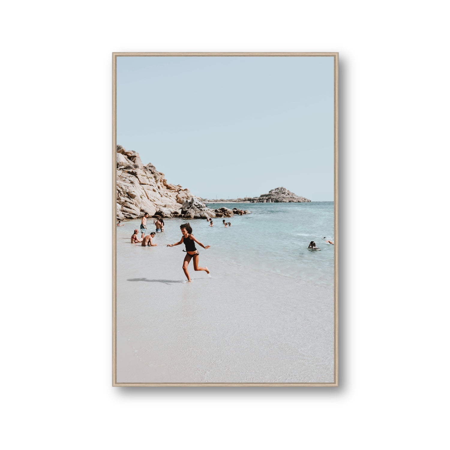Skipping Angel Mykonos Greek island decor wall art Gallery fine art canvas in natural oak float frame