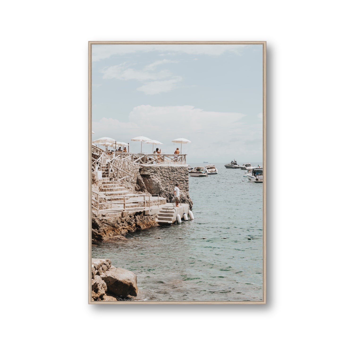 Pier Patrol fine art print, Nerano, Italy, Gallery, Natural Oak Float Frame, Fine Art Canvas