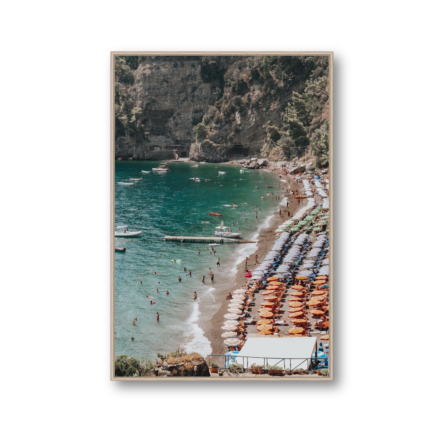 Parasol Panorama fine art print, Positano, Italy, Gallery, Natural Oak Float Frame, Fine Art Canvas