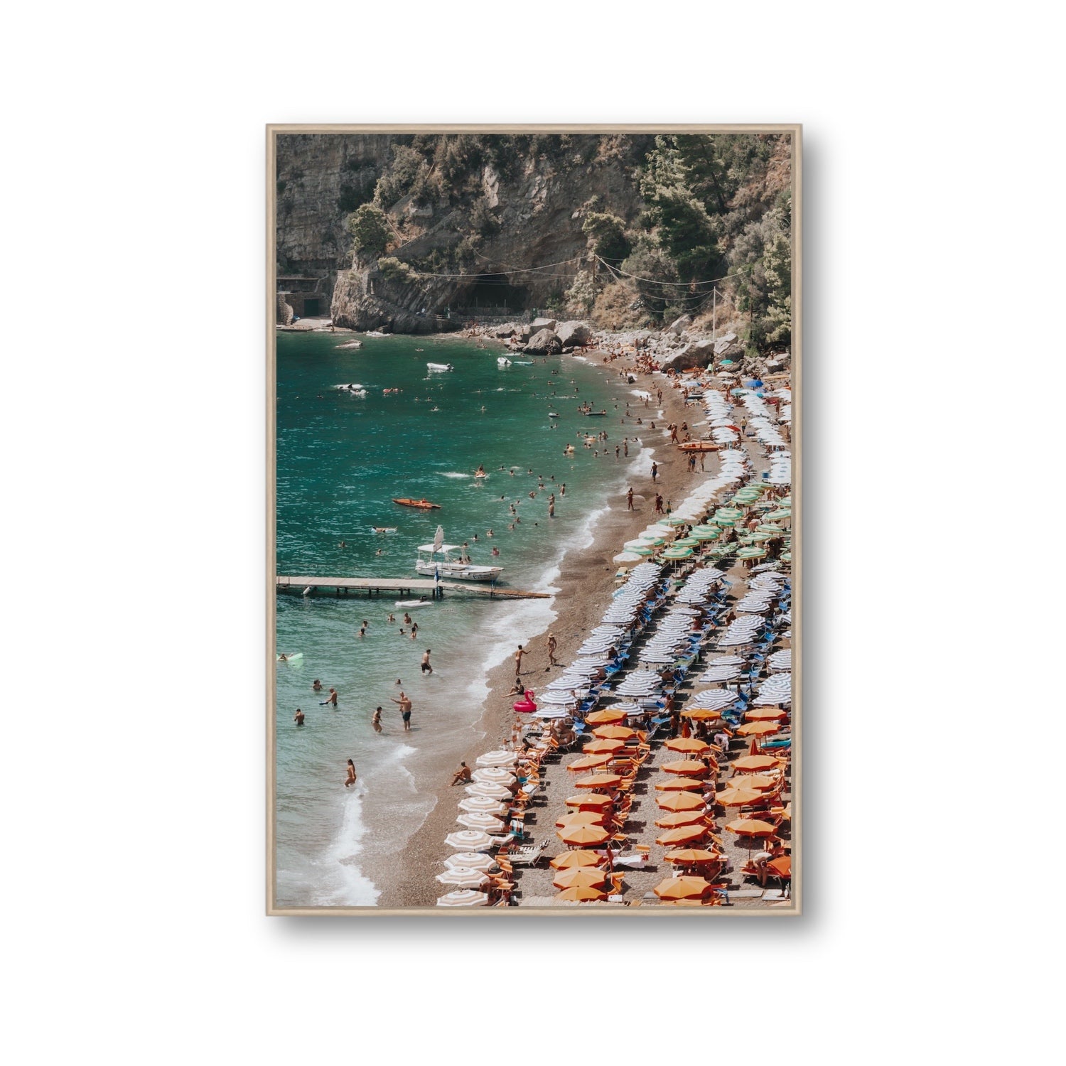 Ocean's Playground Positano decor wall art Gallery fine art canvas in natural oak float frame