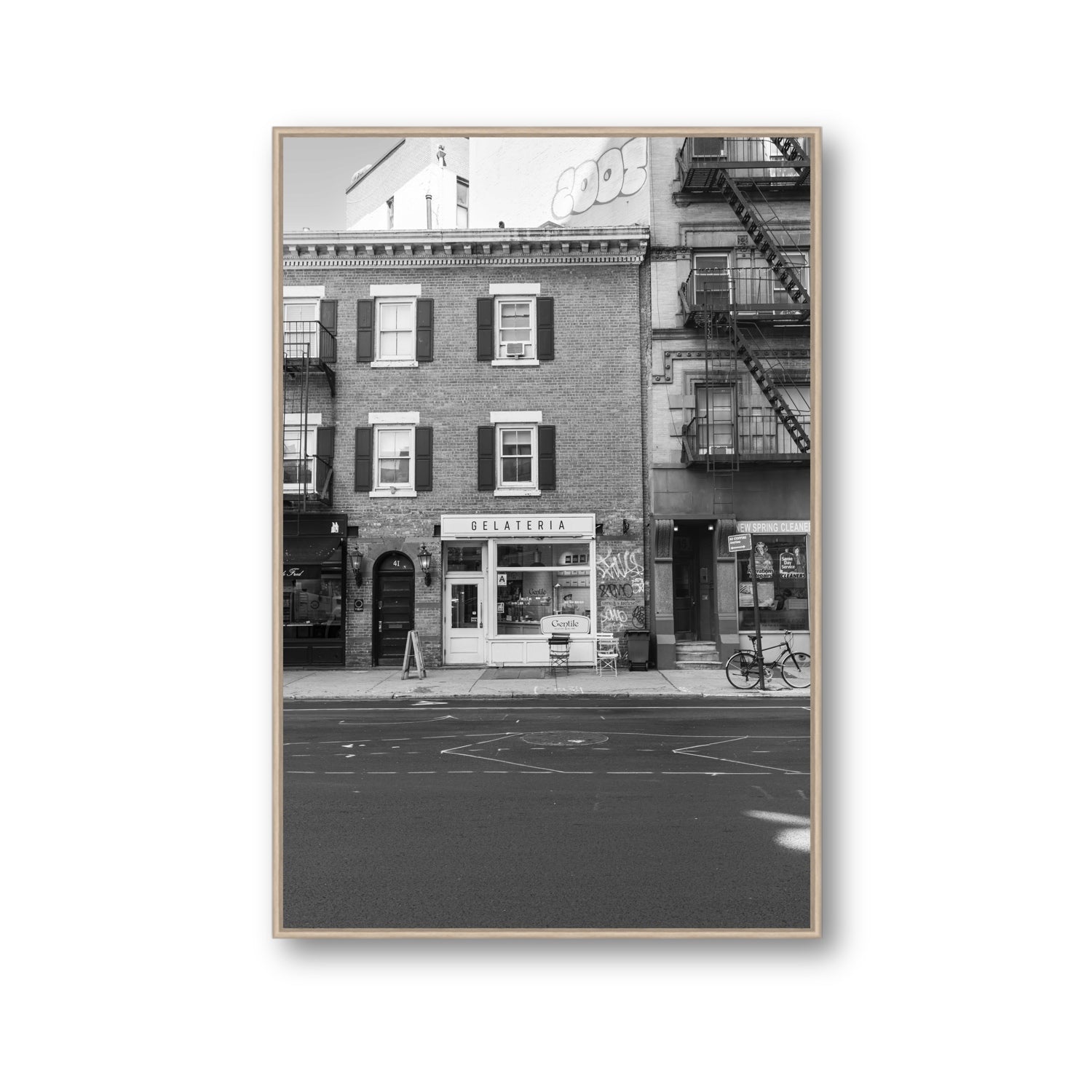 Gelateria New York NYC Black & White wall art Gallery fine art canvas in natural oak float frame
