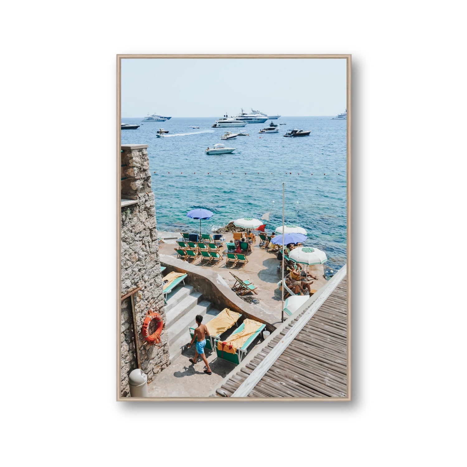 Canzone di Capri Capri Italian beach wall art Gallery fine art canvas in natural oak float frame