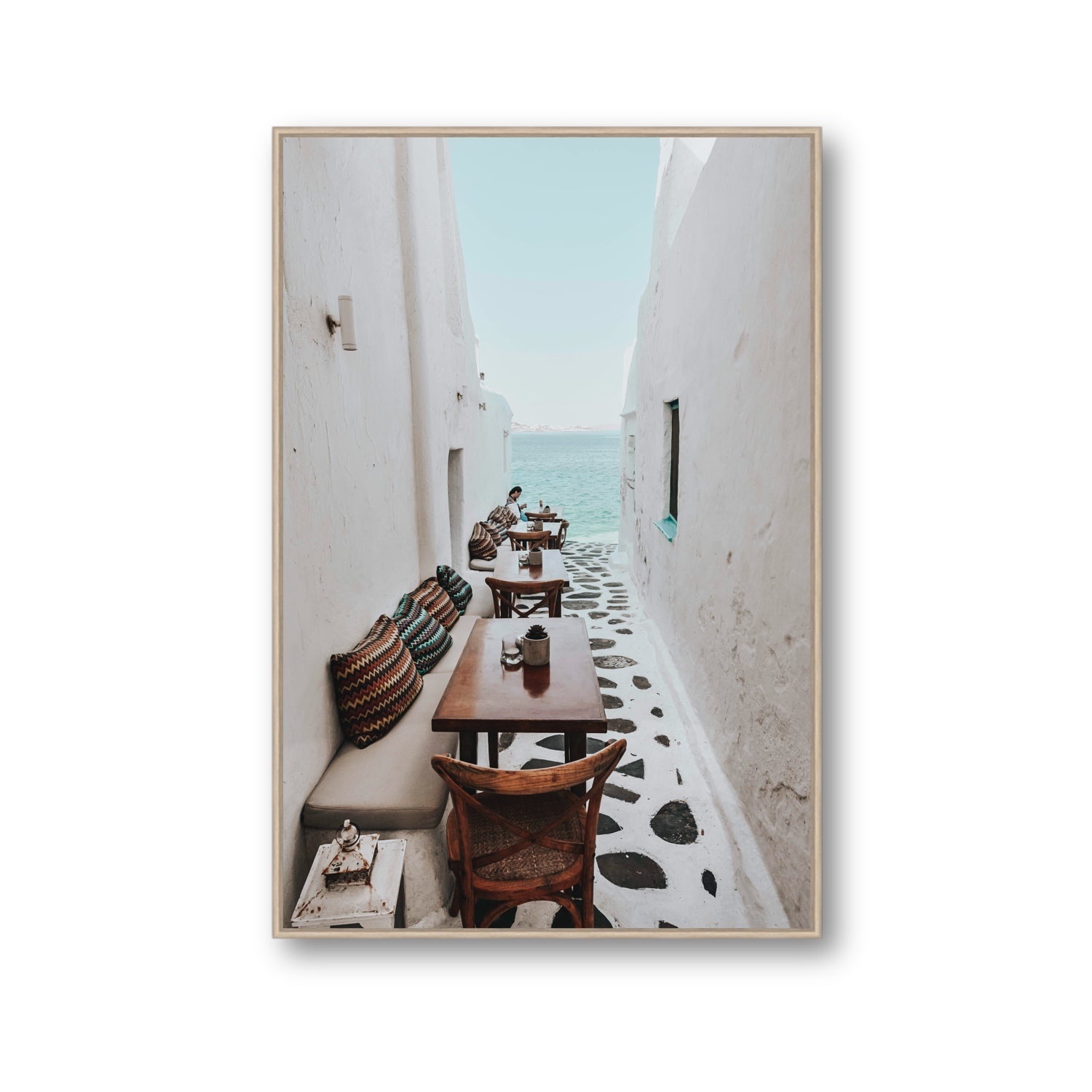 Trip Down Memory Lane fine art print, Mykonos, Greece, Gallery, Natural Oak Float Frame, Fine Art Canvas