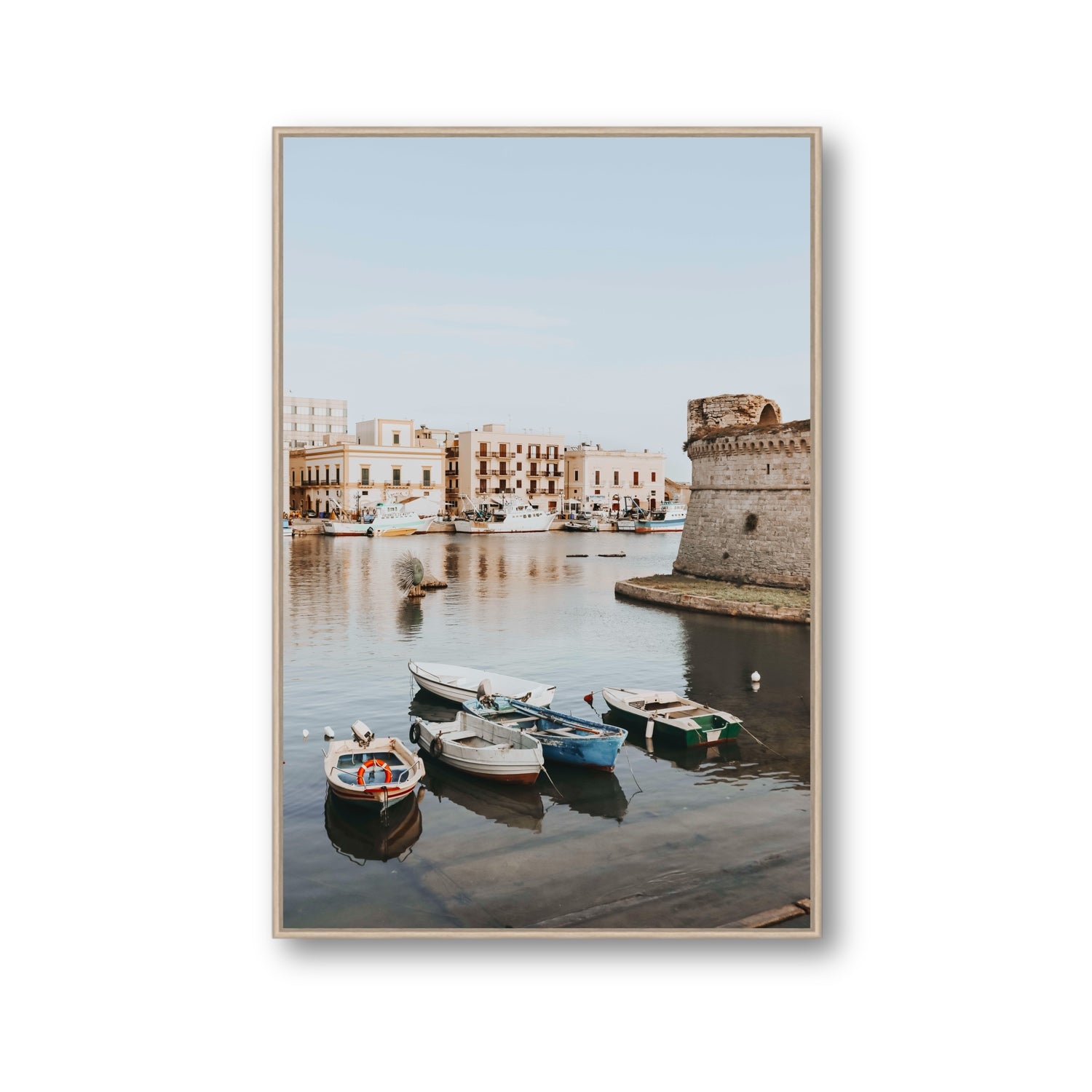 Gallipoli Harbour Puglia coastal wall art Gallery fine art canvas in natural oak float frame