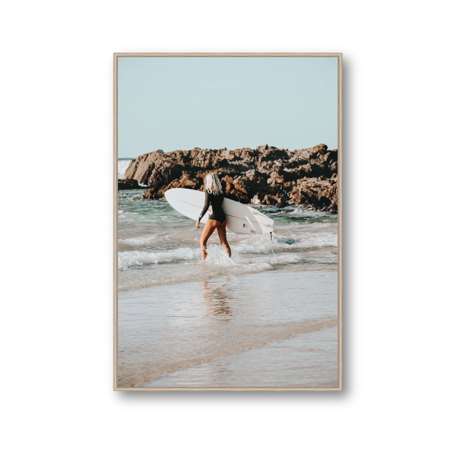 Bethany Byron Bay Surf coastal decor wall art Gallery fine art canvas in natural oak float frame